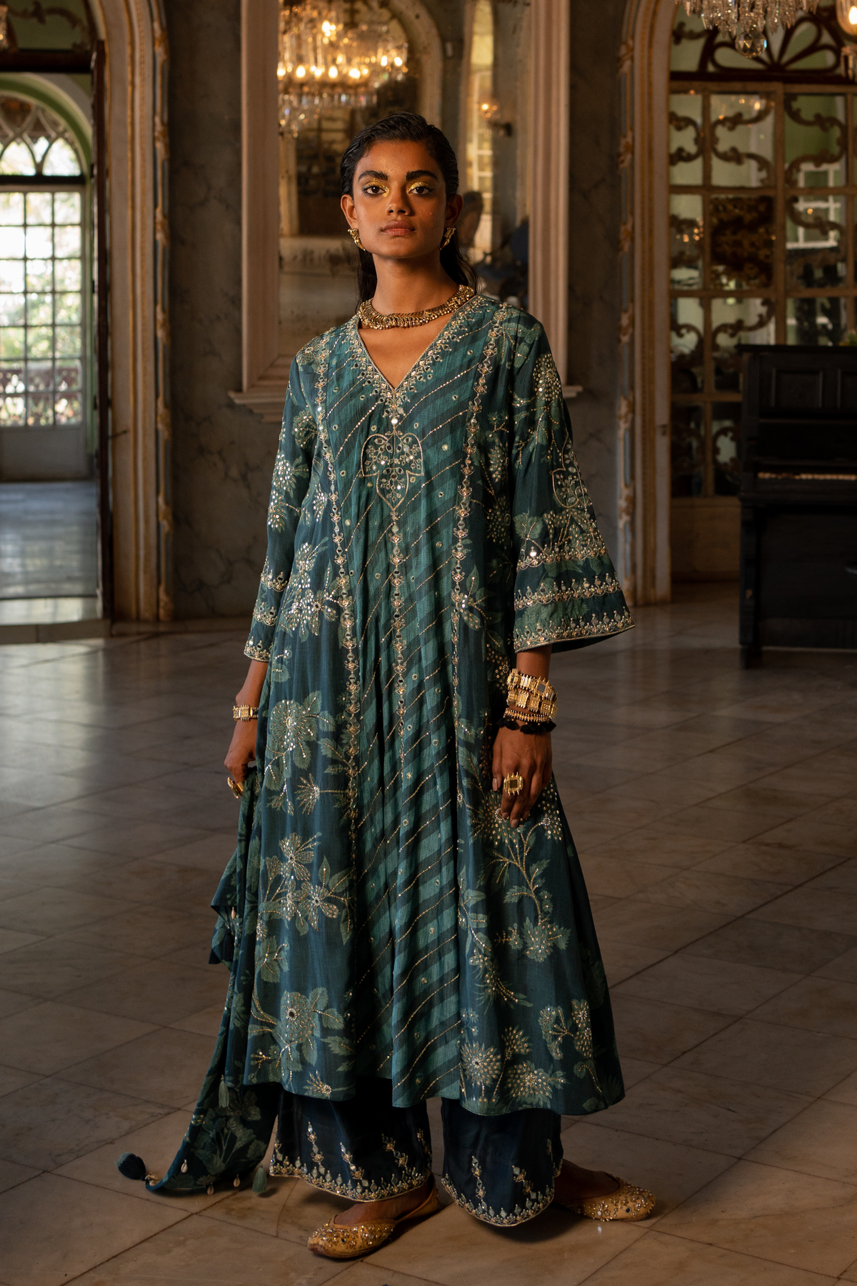 Teal Blue Floral Kurta Set