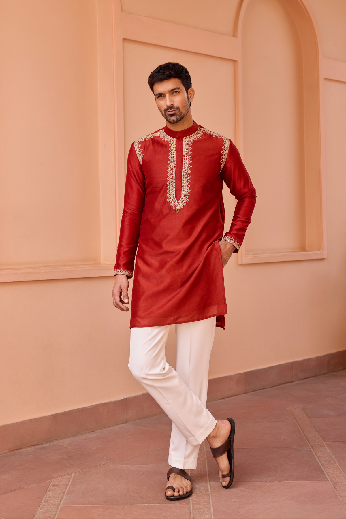 Red dori and hand embroidered silk kurta