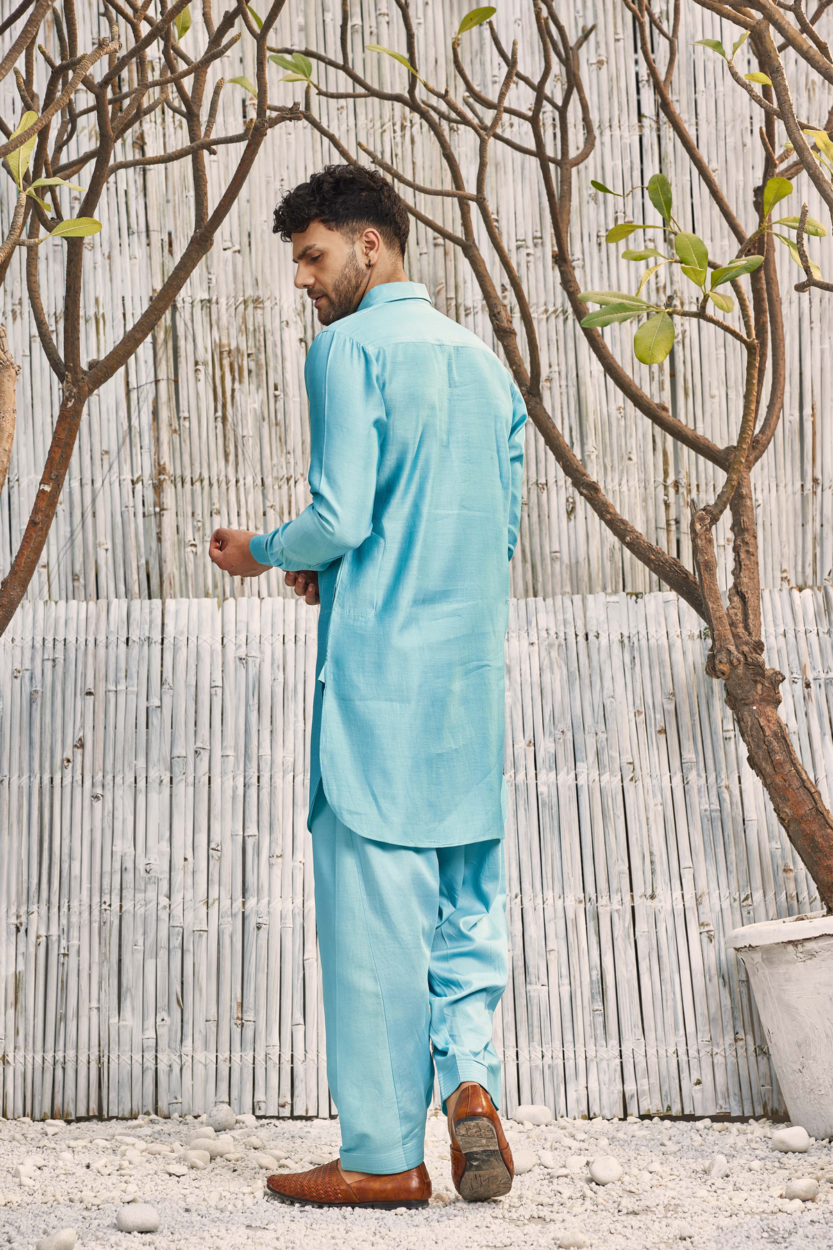 Chanderi Blue Pathani Kurta Set