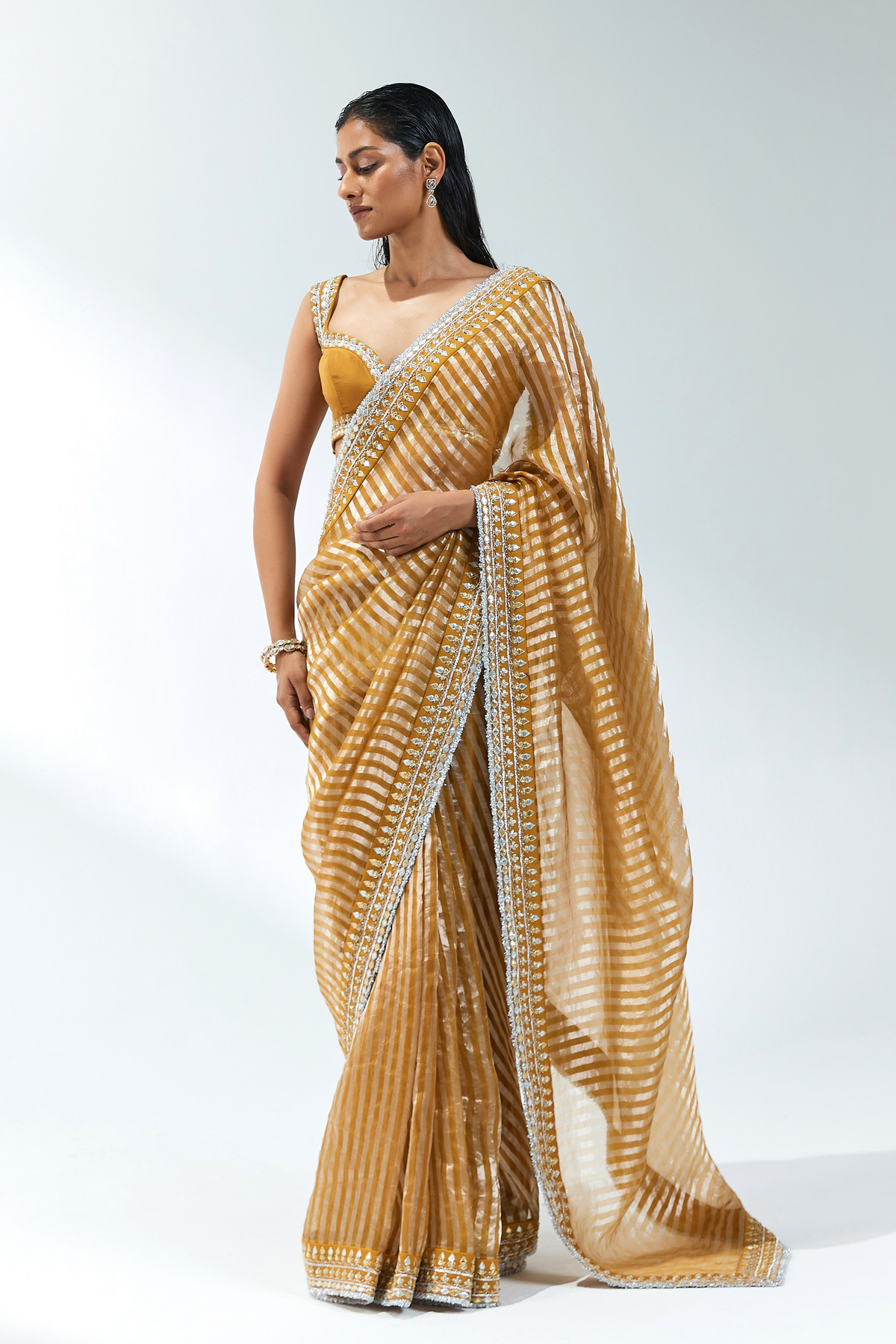 Deep Mustard Embroidered Saree Set