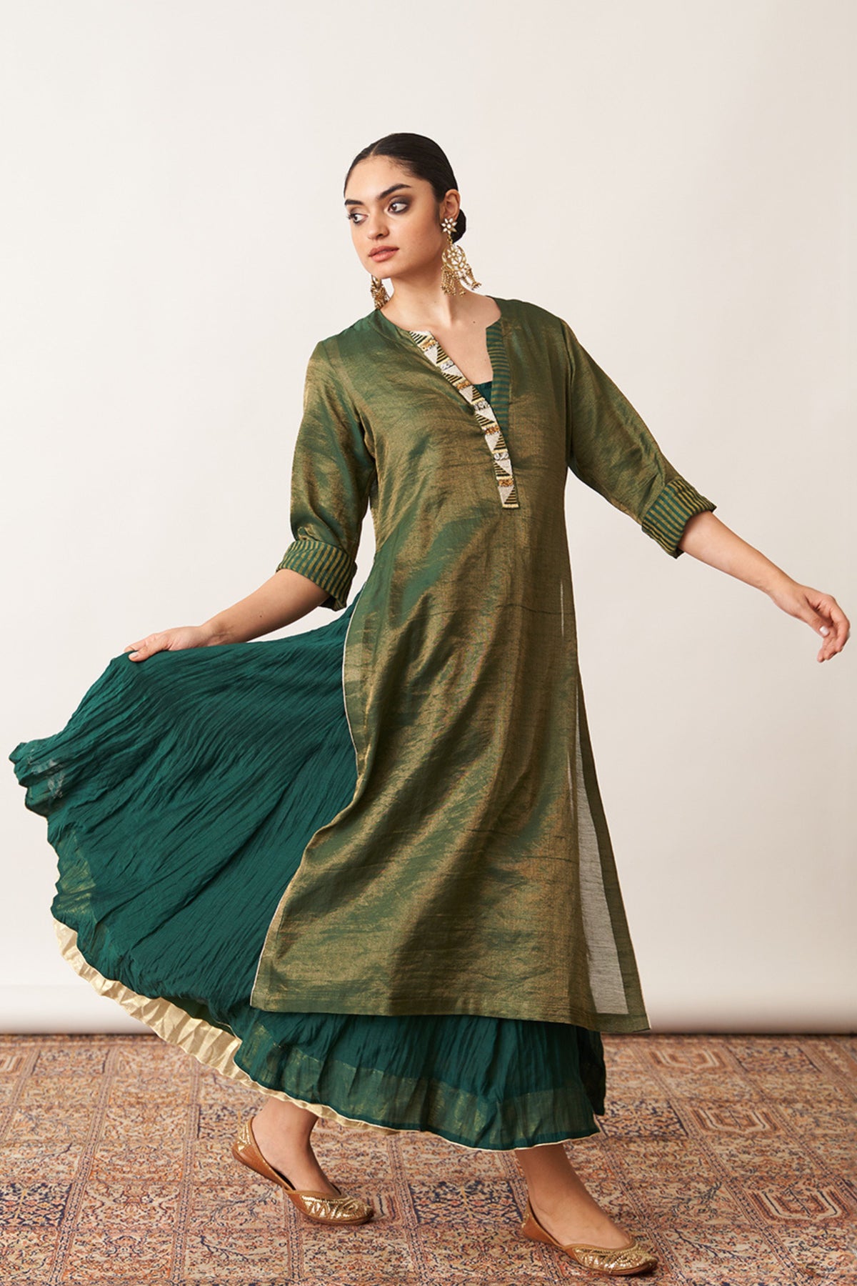 Bottle Green Kurta With Skirt