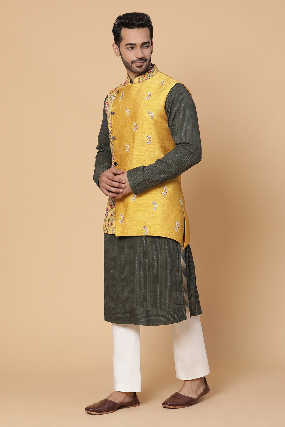 Green and Yellow nehru jacket set