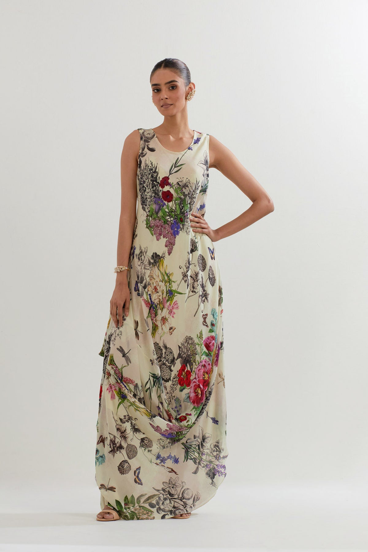 Botanical Printed Cowl Dress