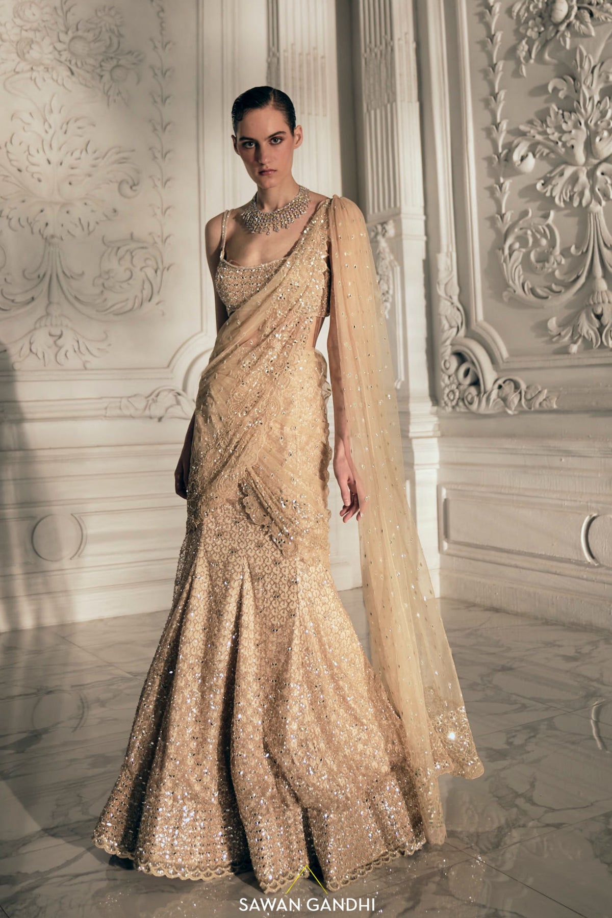 Beige Gold Saree Set