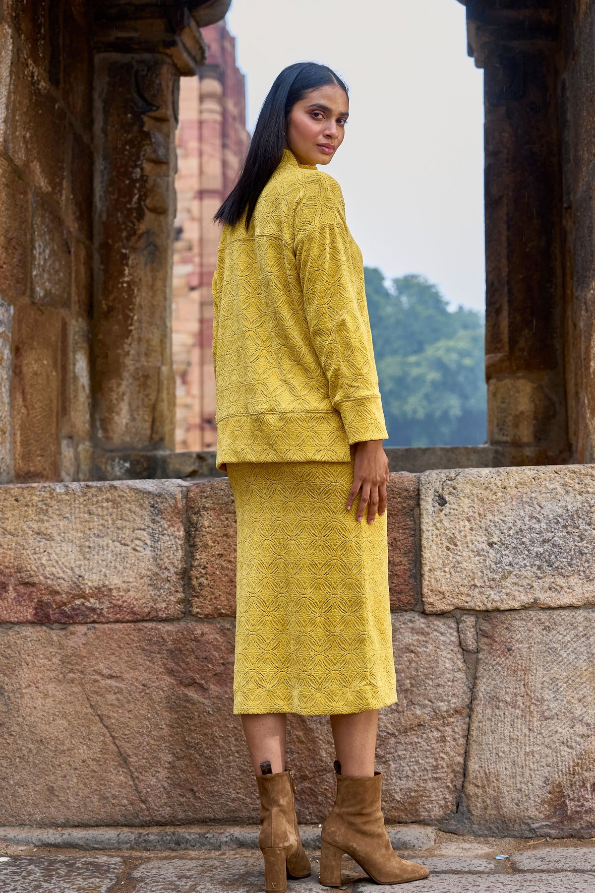 Yellow Knitted Lace Skirt Set