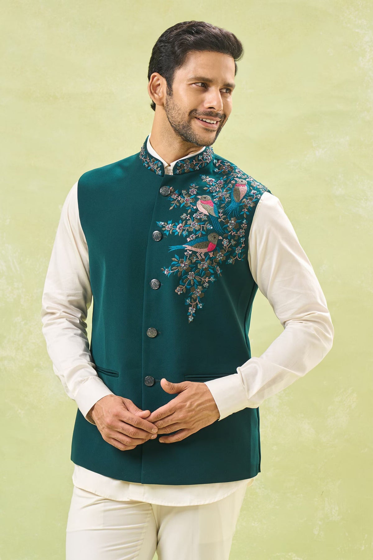 Teal Green Embroidered Nehru Jacket