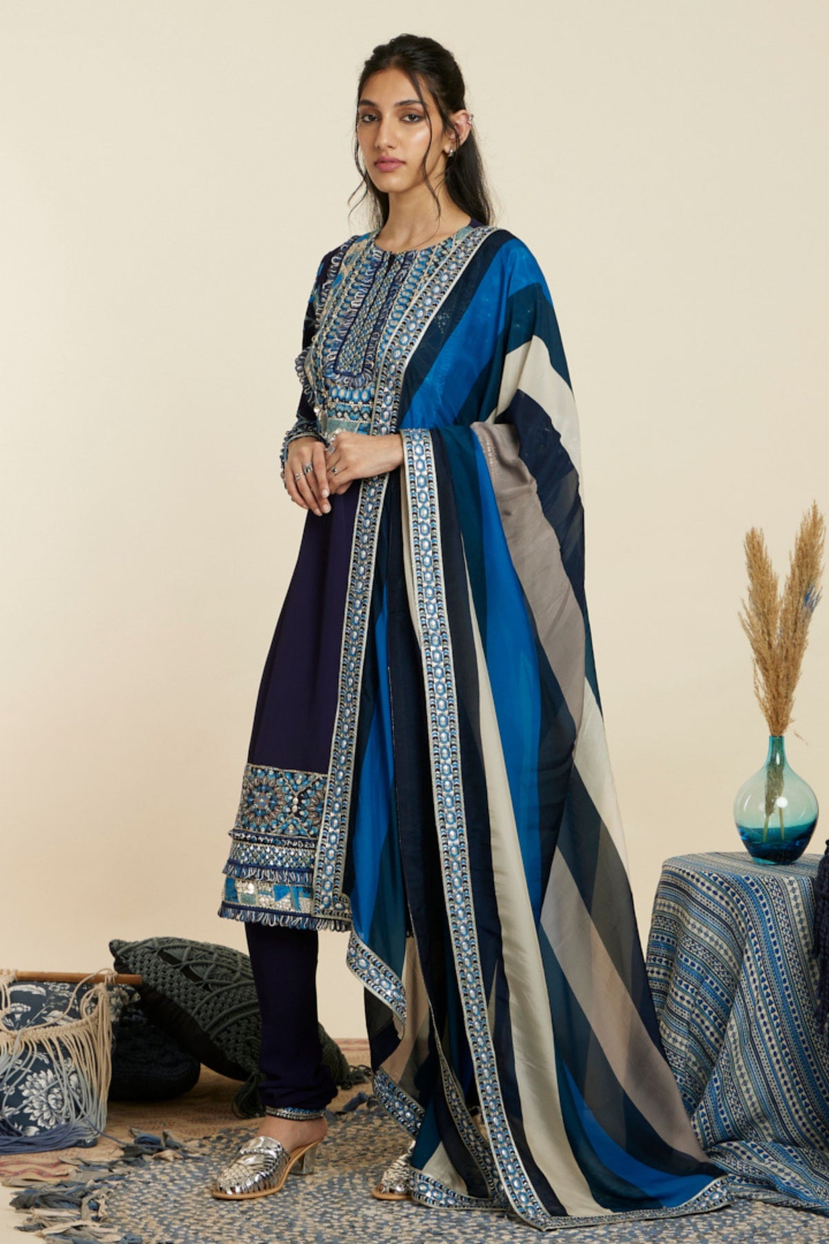 Blue Embellished Yoke Kurta Set