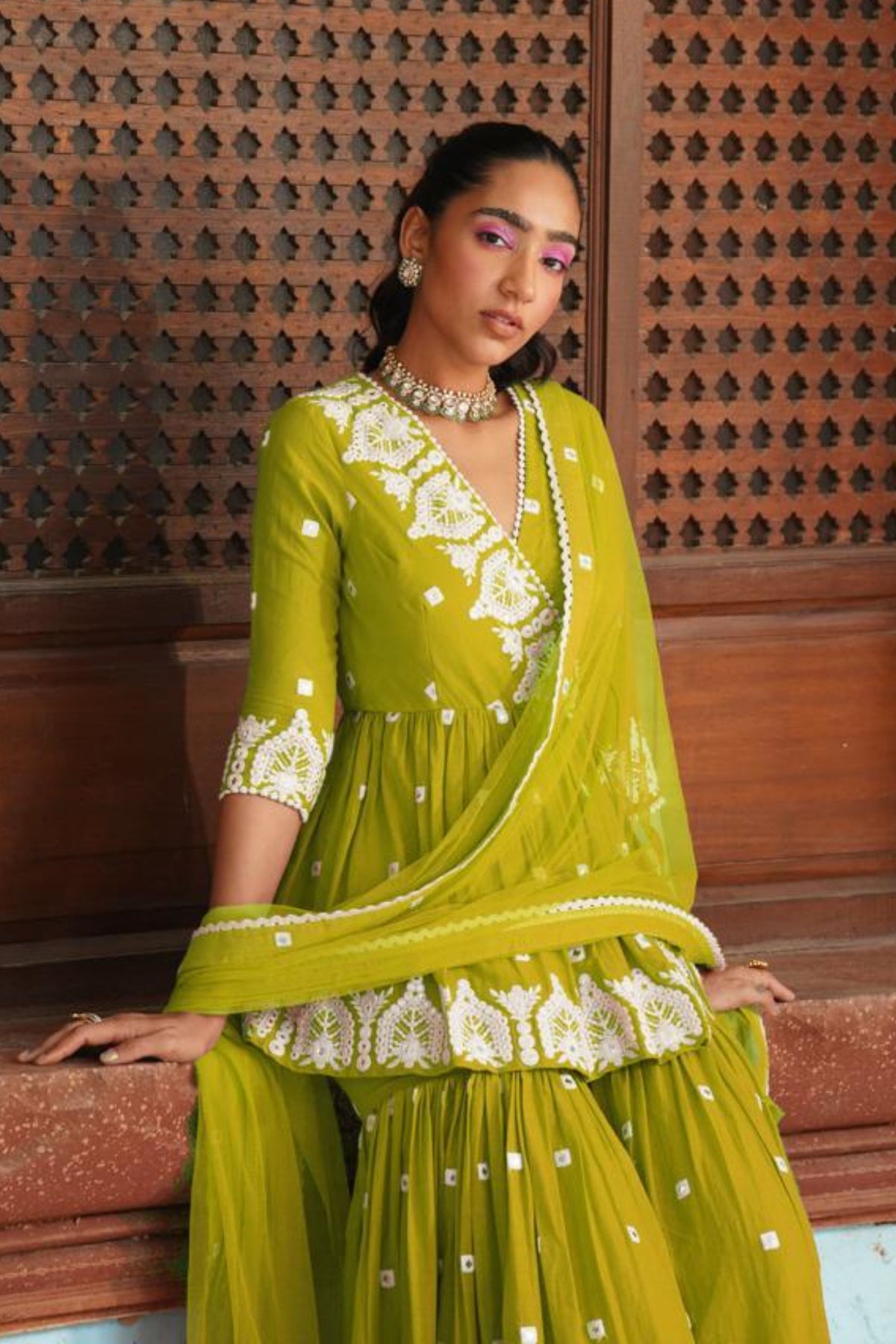 Neon Green Temple Sharara Set