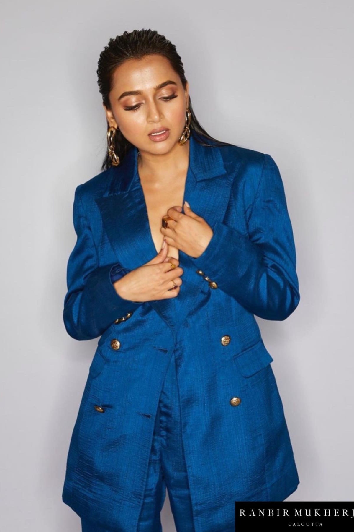 Dark blue nysa silk blazer set