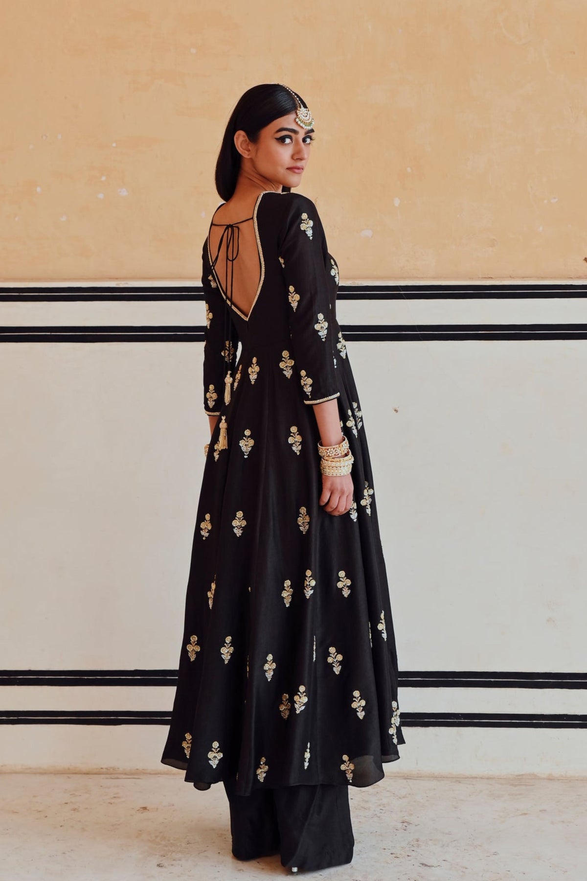 Black Embroidered Kali Anarkali Set