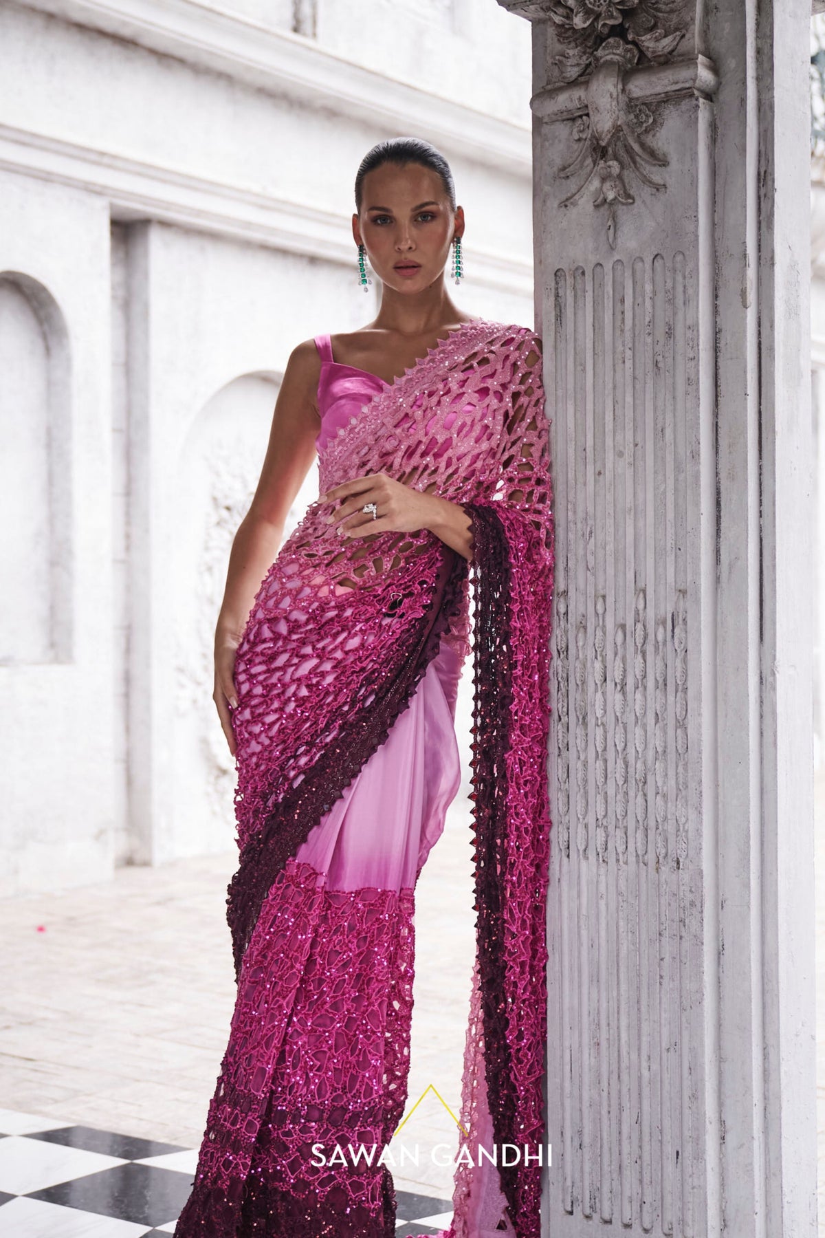 Pink to Wine Saree Set