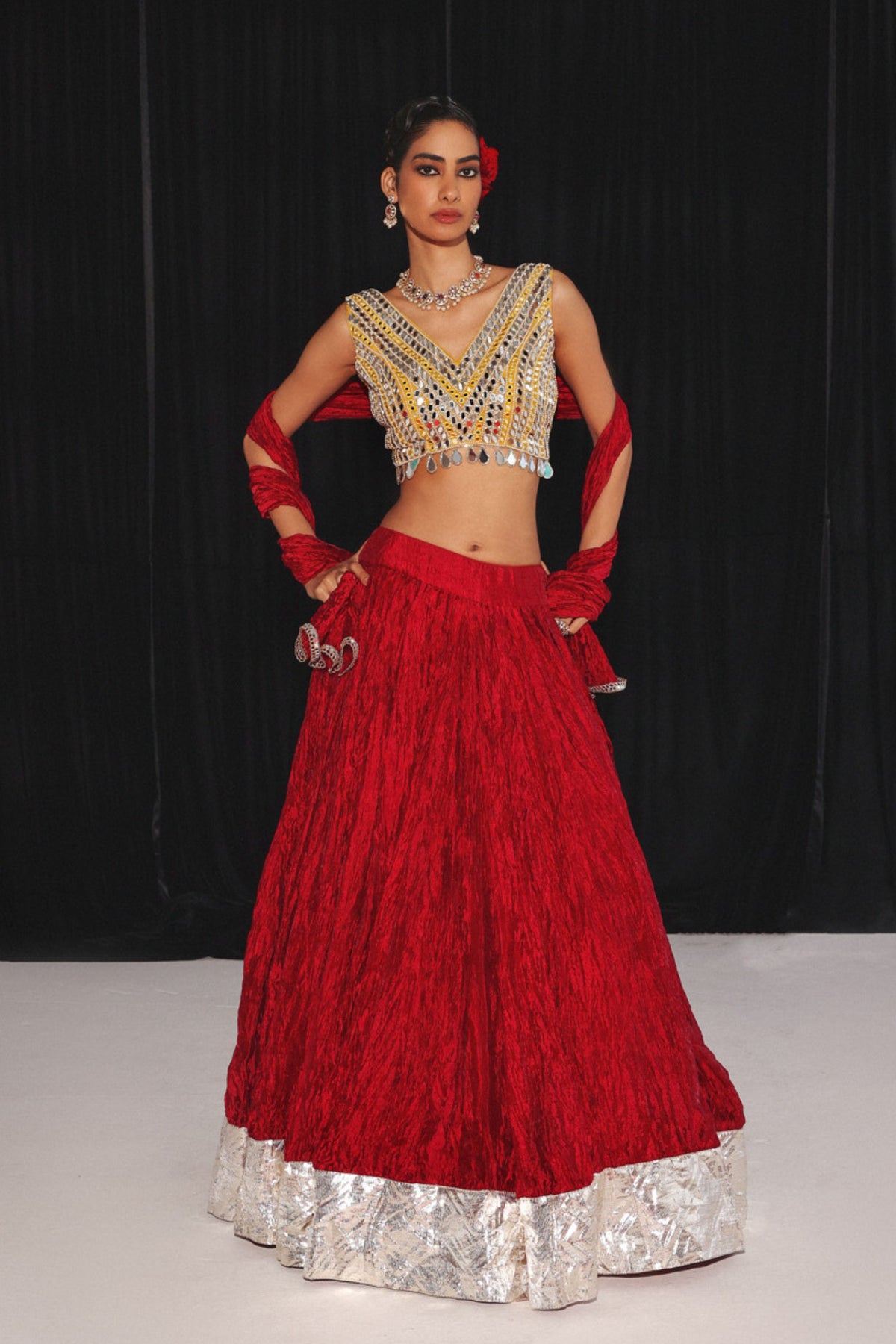 Crushed Silk Red Lehenga Set