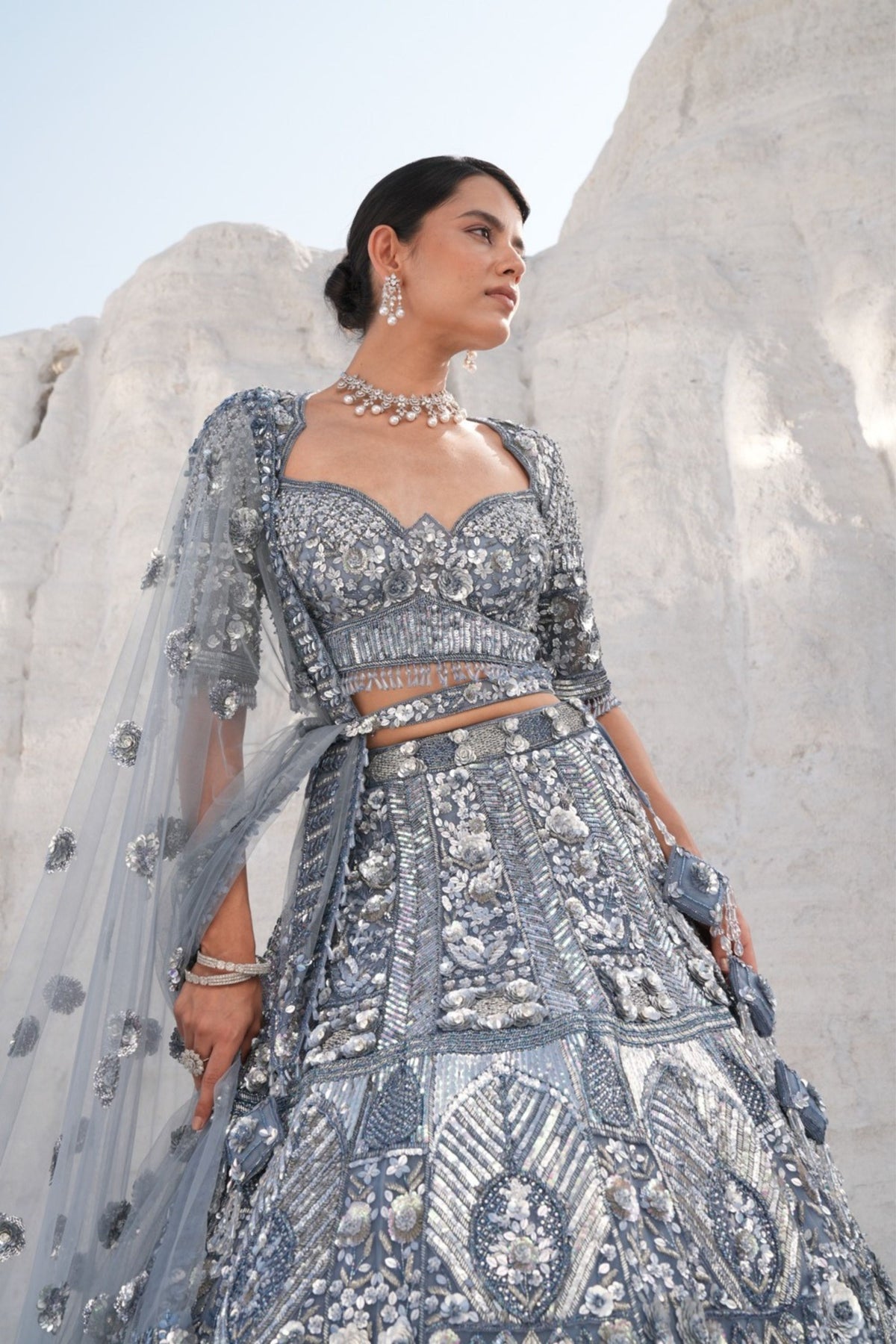 Ice Blue Embroidered Lehenga Set