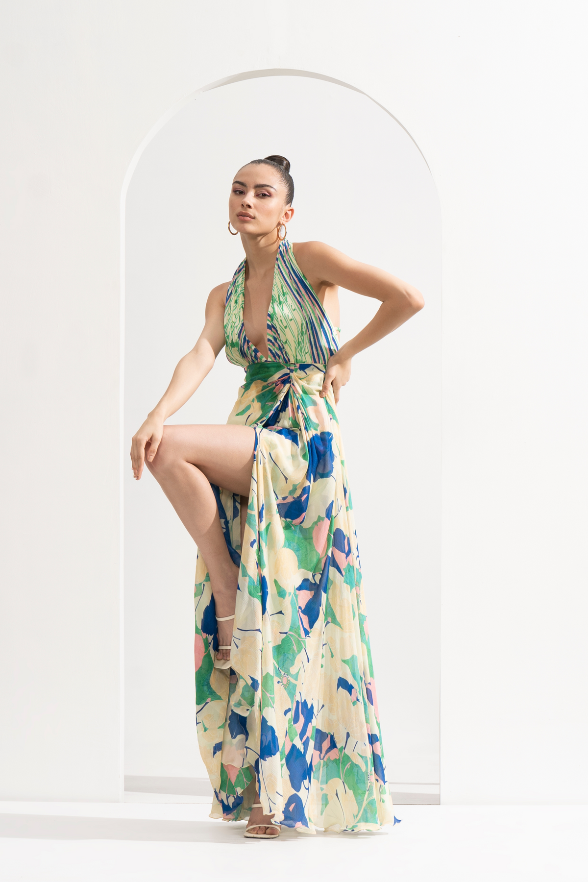 Printed Draped Halter Neck Dress