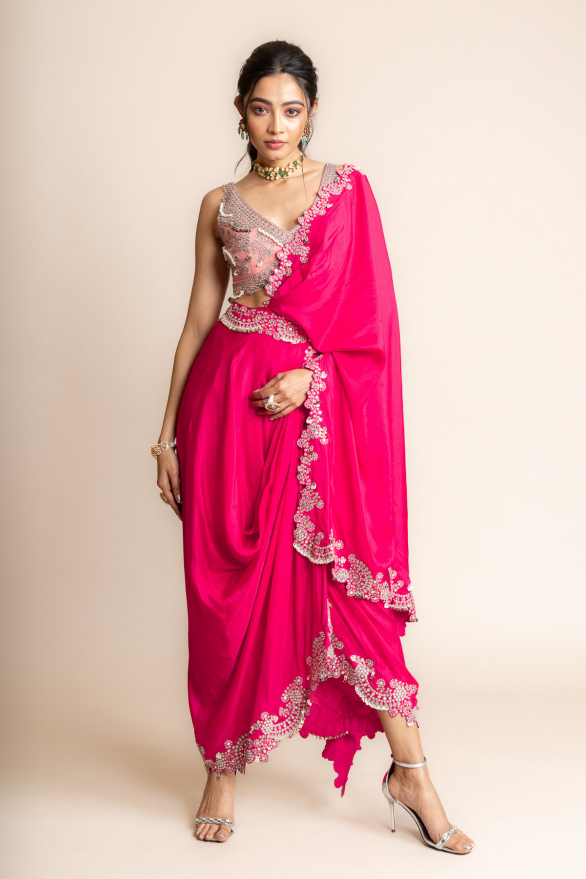 Fuchsia Pre-draped Sari Set