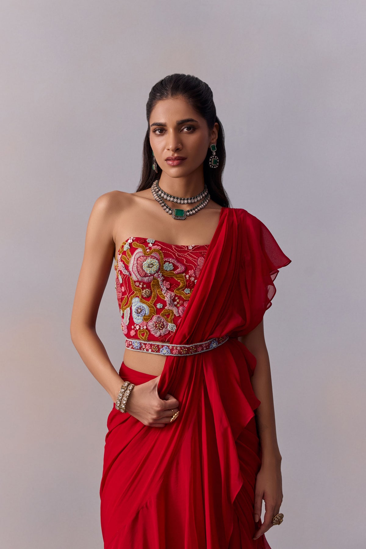 Red Jiah Pre-draped Saree Set