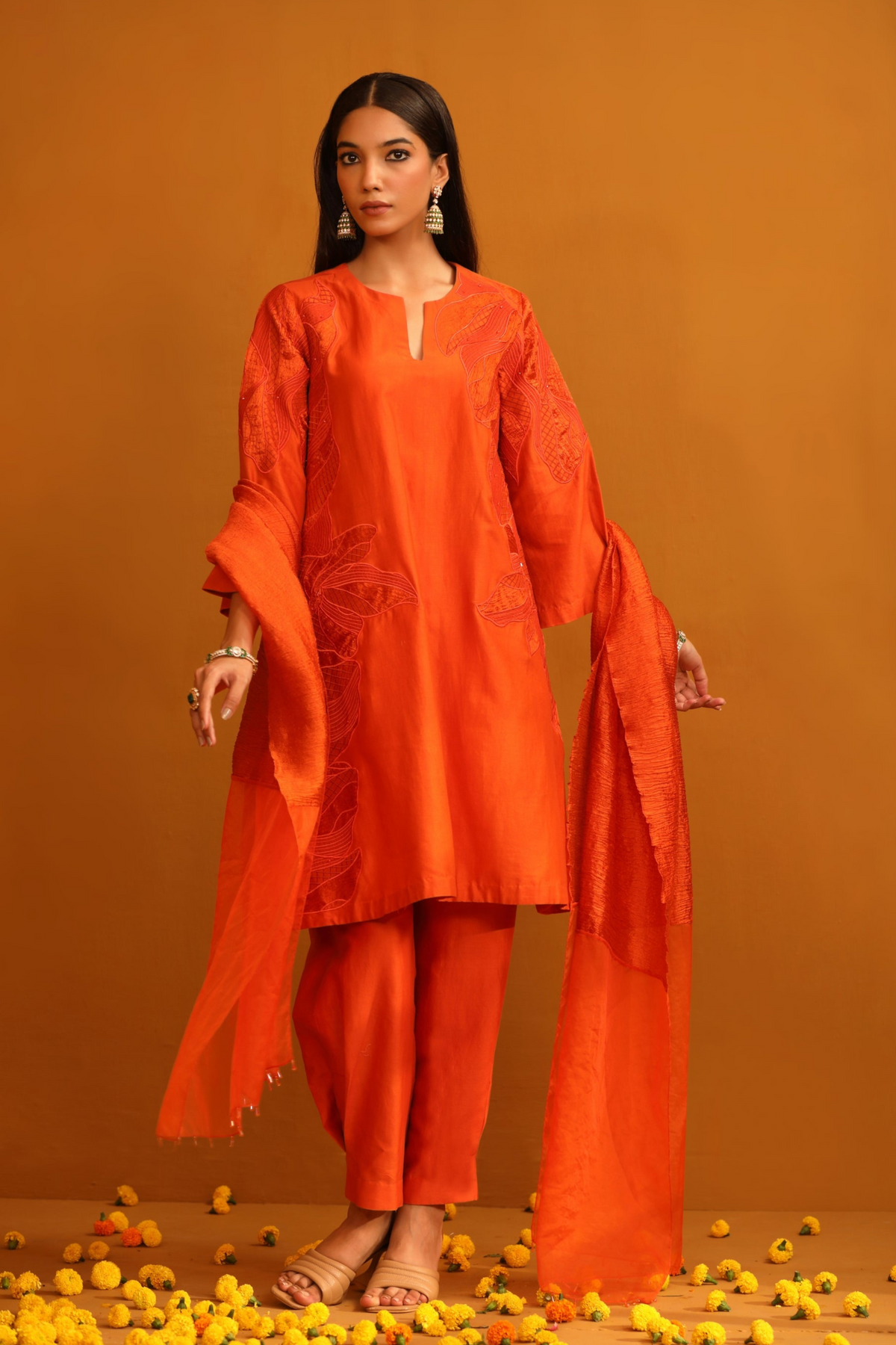 Huma Applique Orange Suit Set