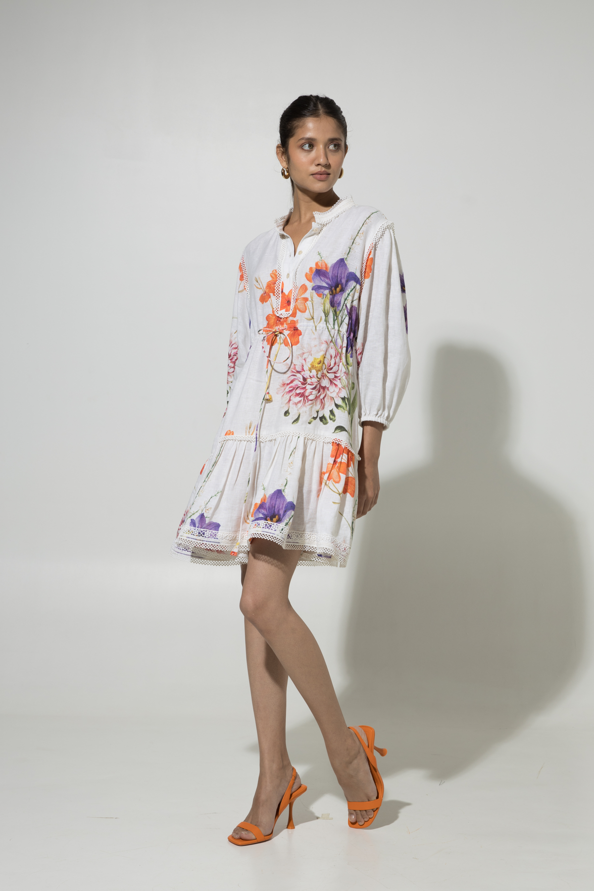 White Iris Print Drawstring Linen Dress