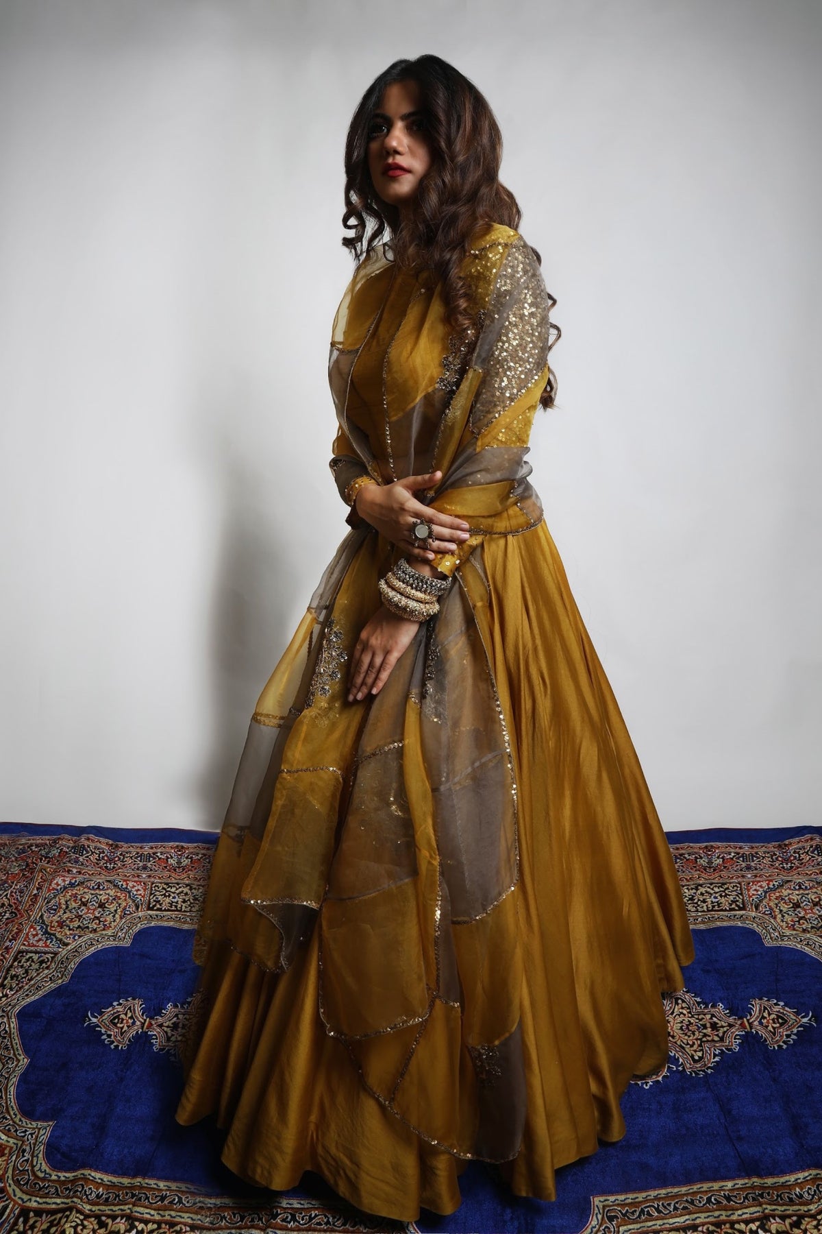 Burnt Gold &amp; Grey Lehenga Set