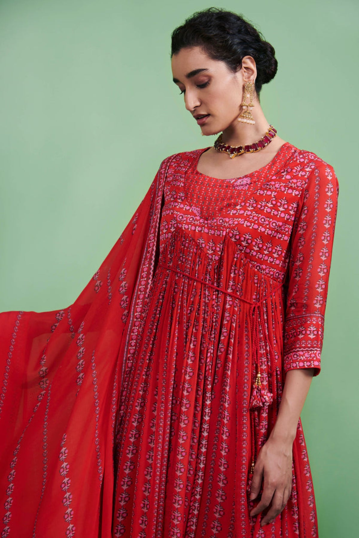 Red printed angrakha set