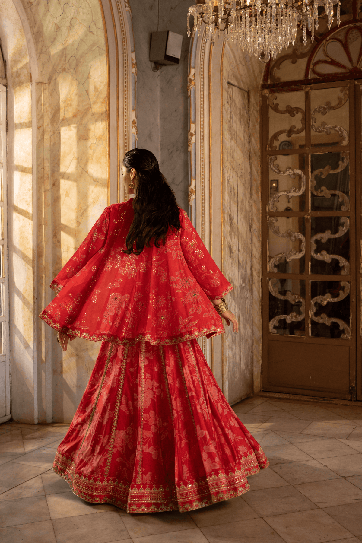 Red Mono Floral Lehenga Set