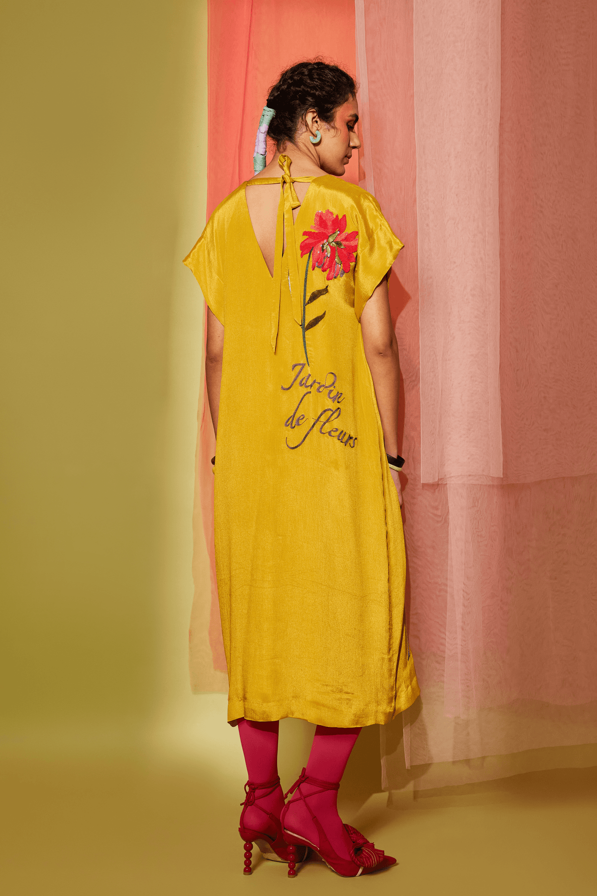 Mustard Flower Drop Shoulder Midi