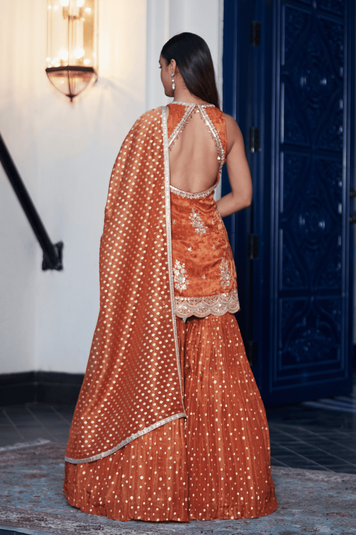 Rust Tissue Embroidered Sharara Set