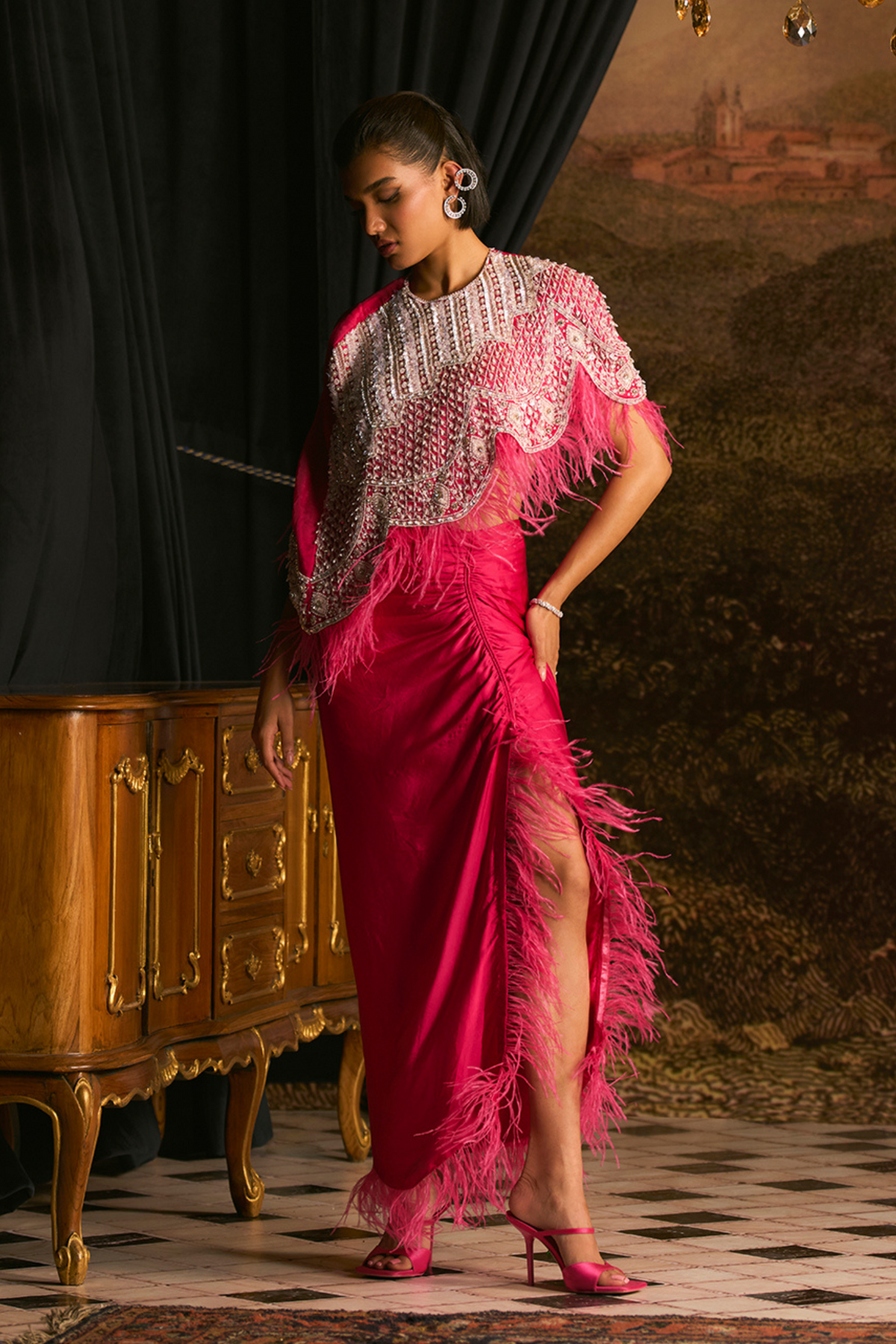 Fuschia Rose Feather Drape Skirt Set