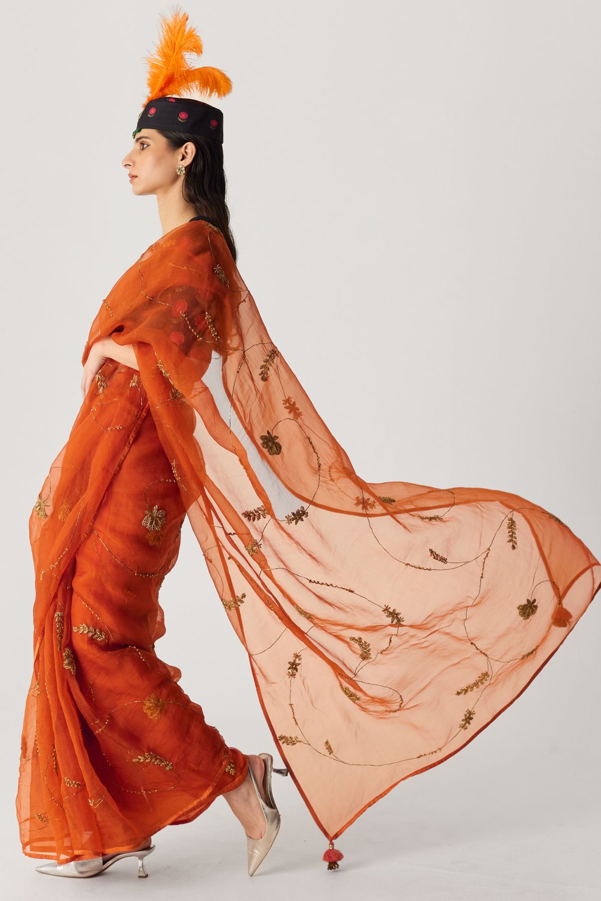 Orange Embroidered Saree