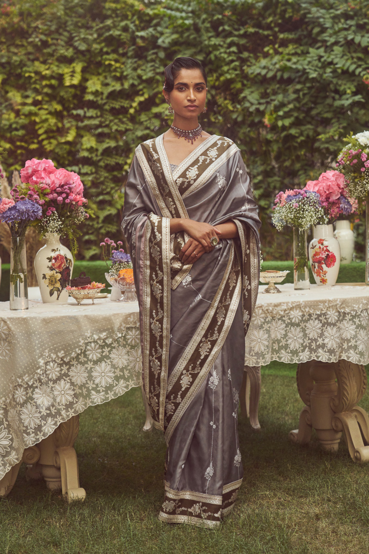 Steel Grey Meenakari Zari Handloom Sari