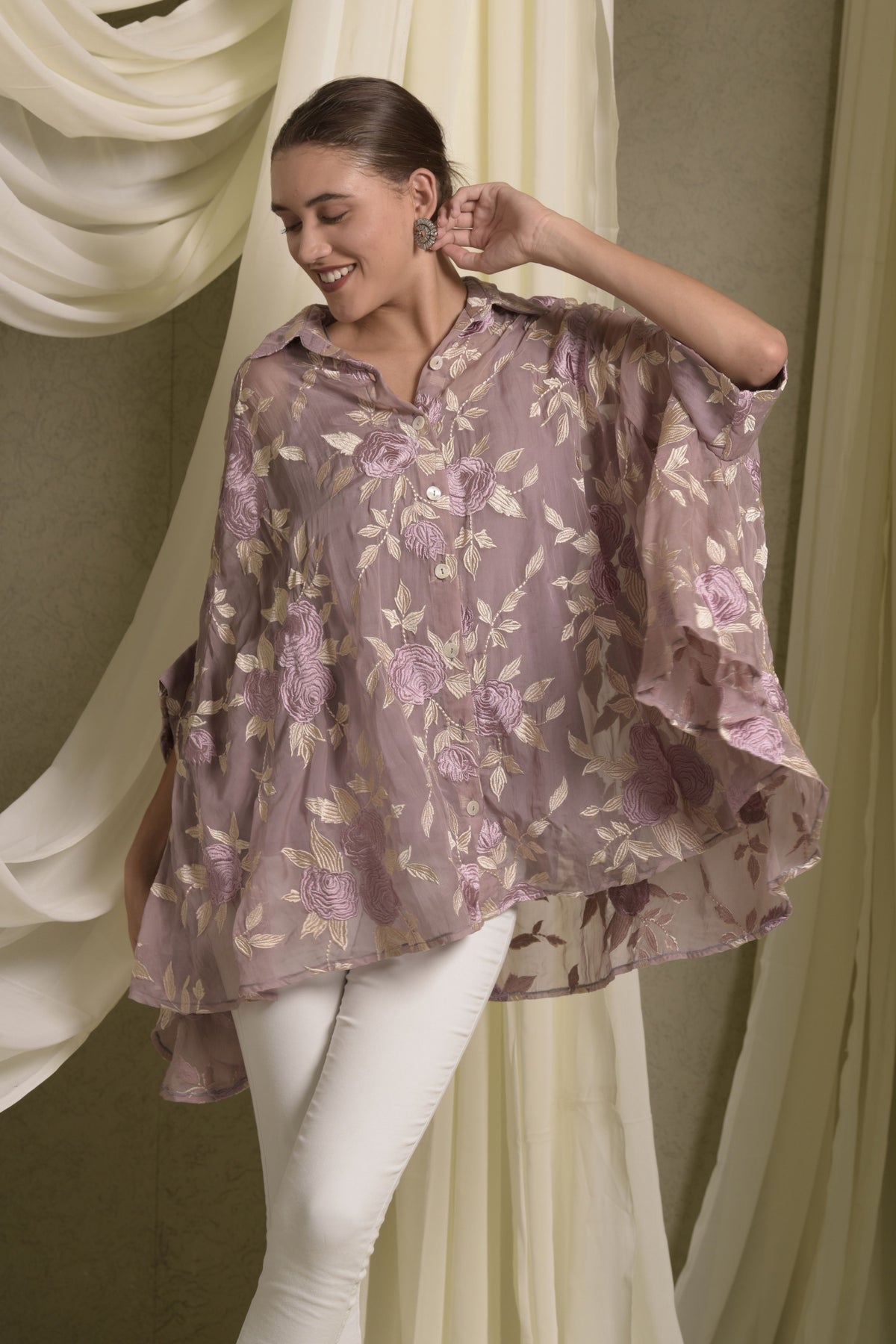 Elahe Embroidered Rose Purple Shirt