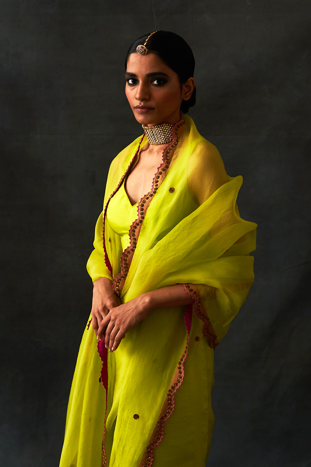 Lime Saree With Rani Contrast