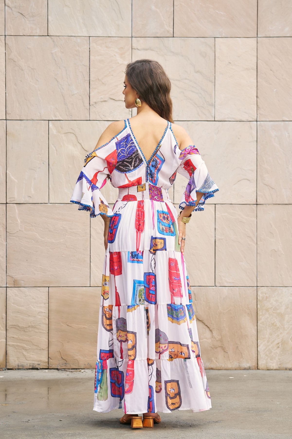 White Printed Cold Shoulder Maxi Dress