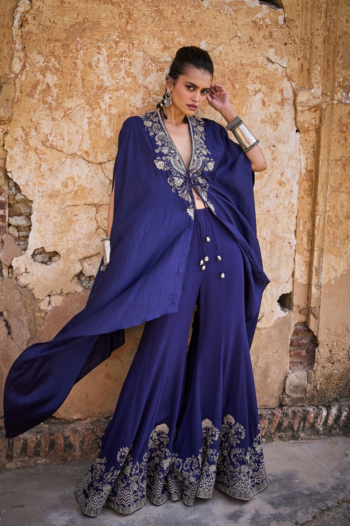 Embroidered Purple Sharara With Cape