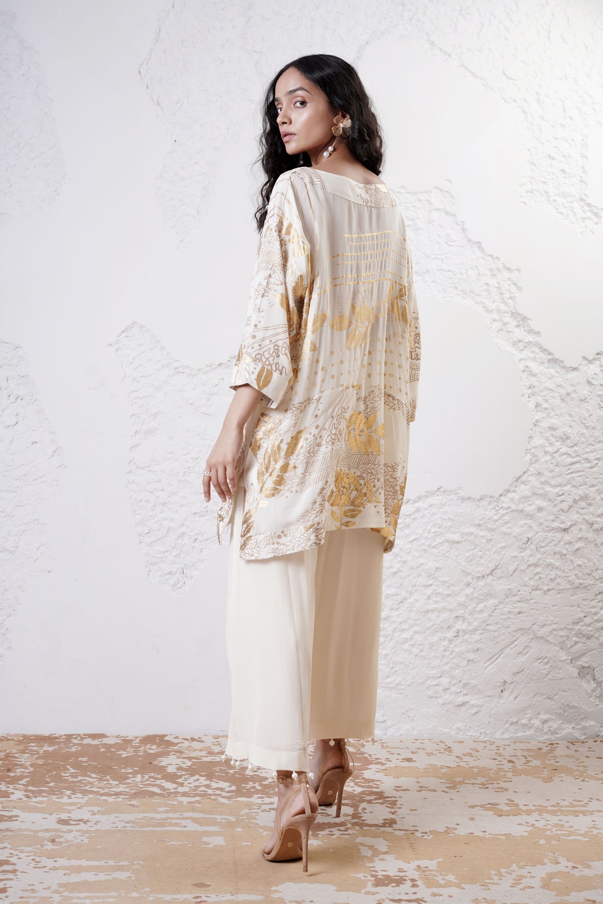 Ivory Foil Printed Kaftan Set