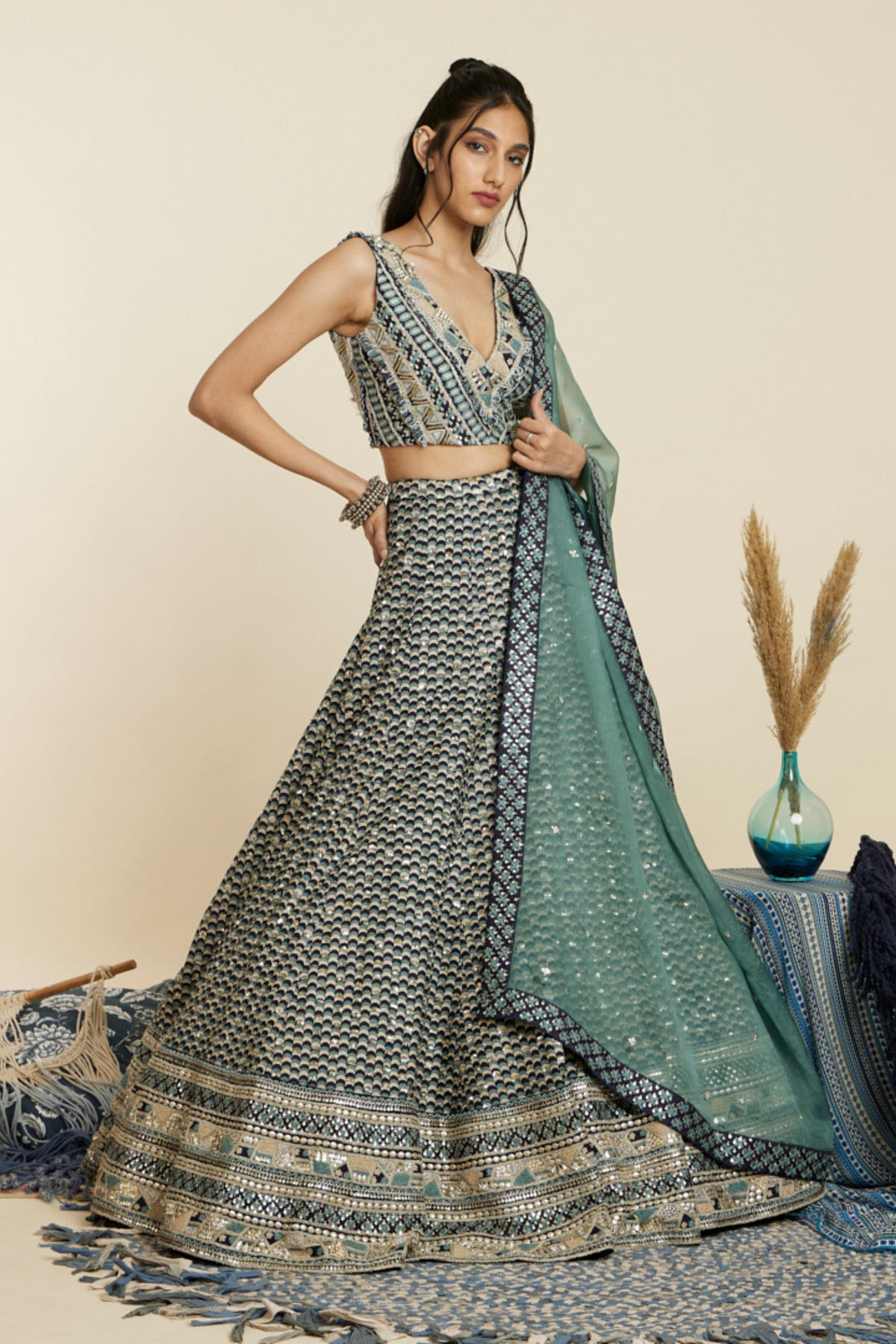 Blue Embellished Bridal Lehenga Set