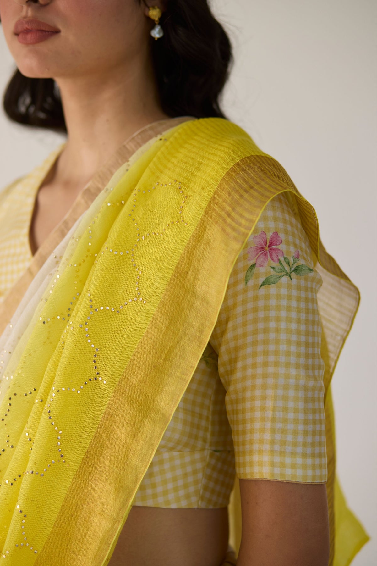 Yellow Ombre Sari With Gold Dot Print