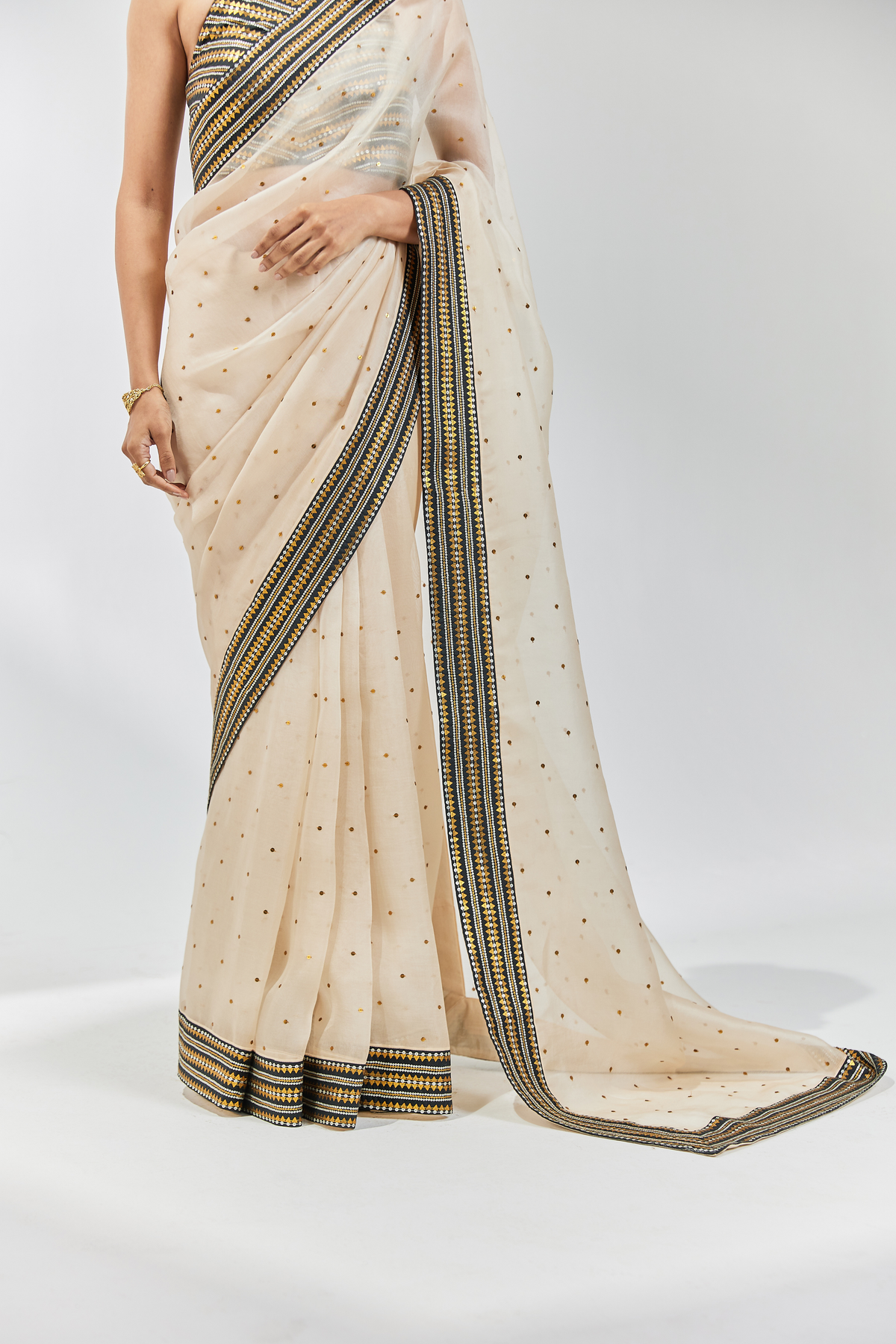 Beige And Black Embroidered Saree Set