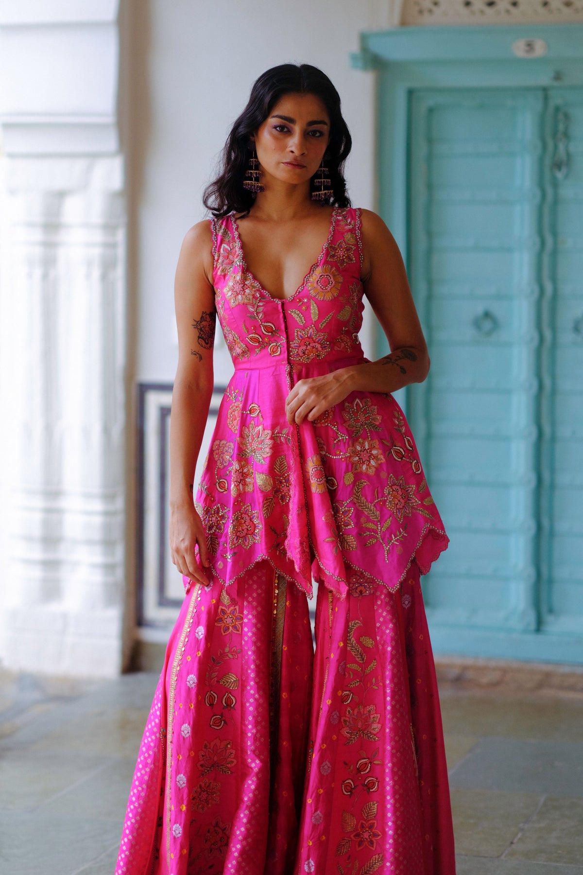 Fuchsia Floral Silk Sharara Set