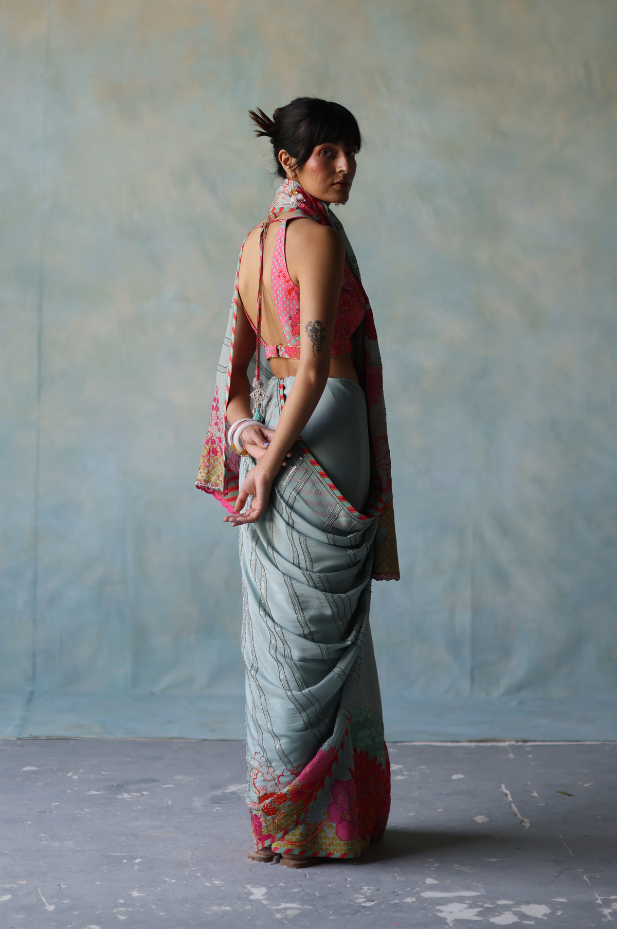 Gul Ice Blue Printed Stripe Crepe Sari