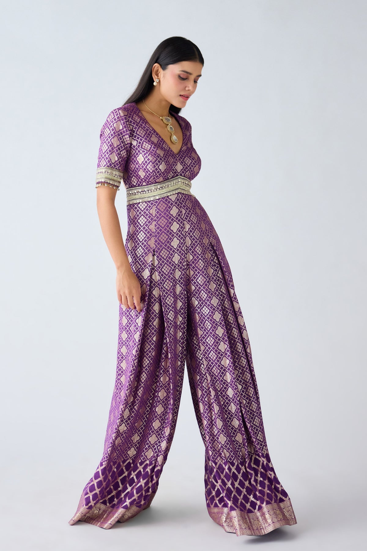 Purple Banarasi Sequins Jumpsuit