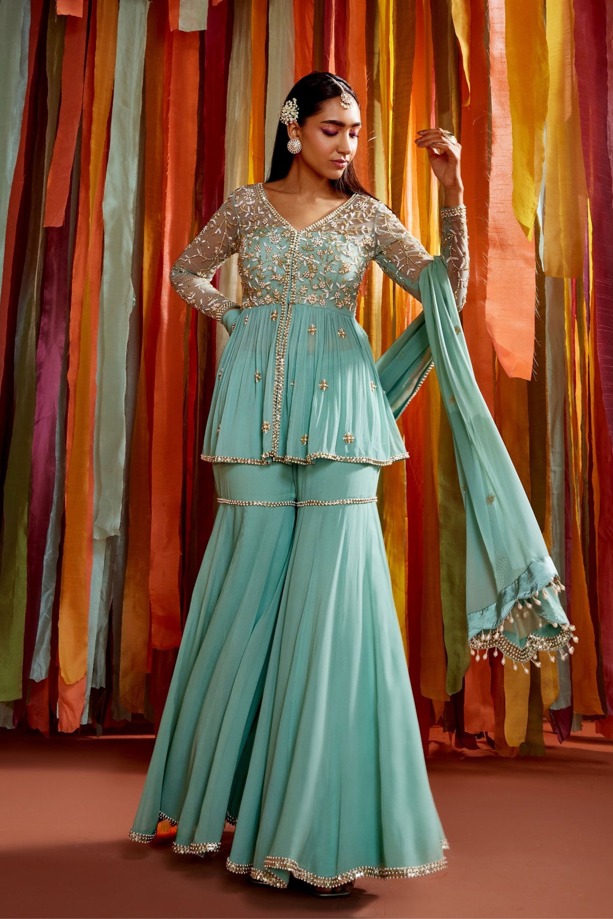 Mint Hand Embroidered Sharara Set