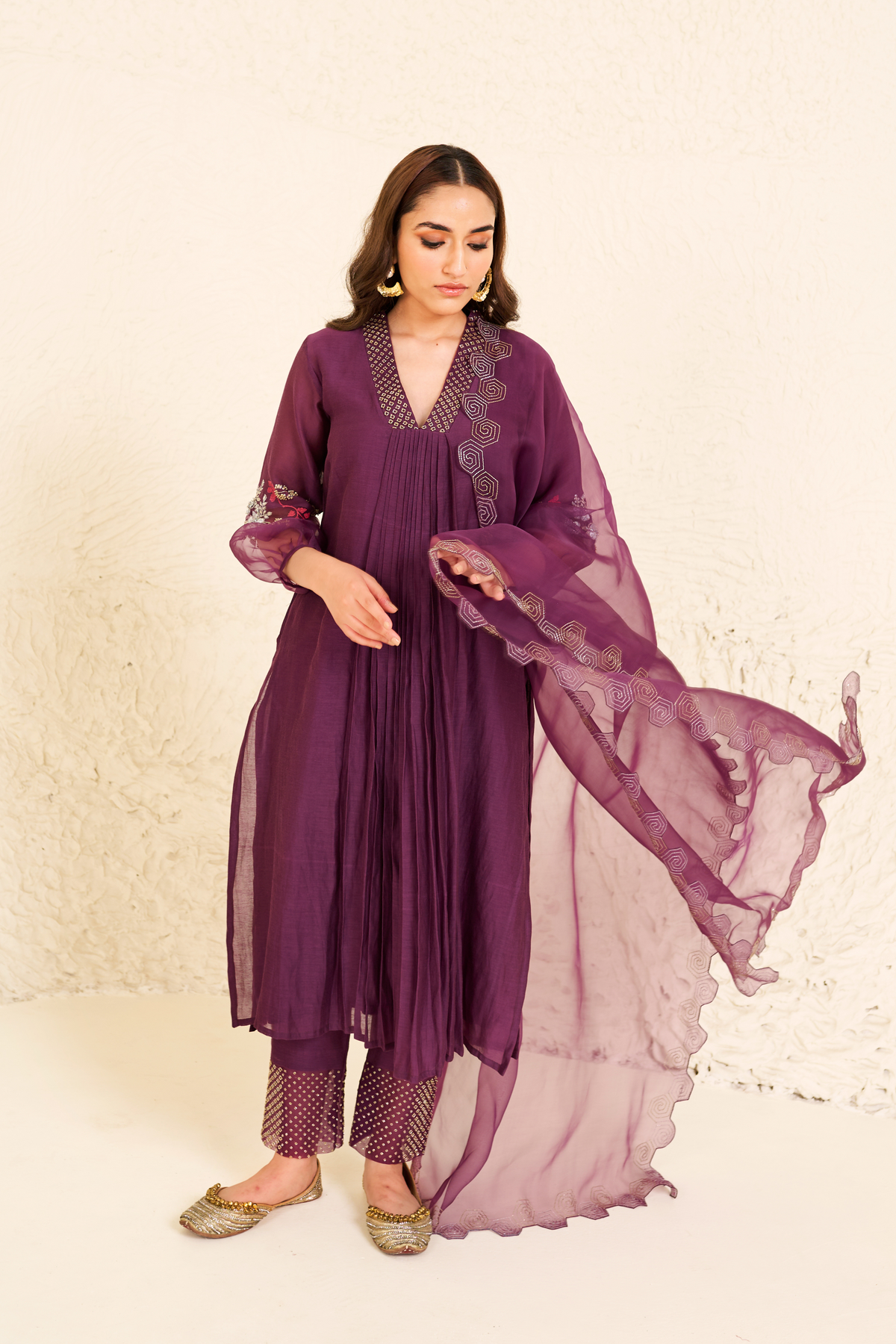 Purple Mauve V- Neck Kurta Set