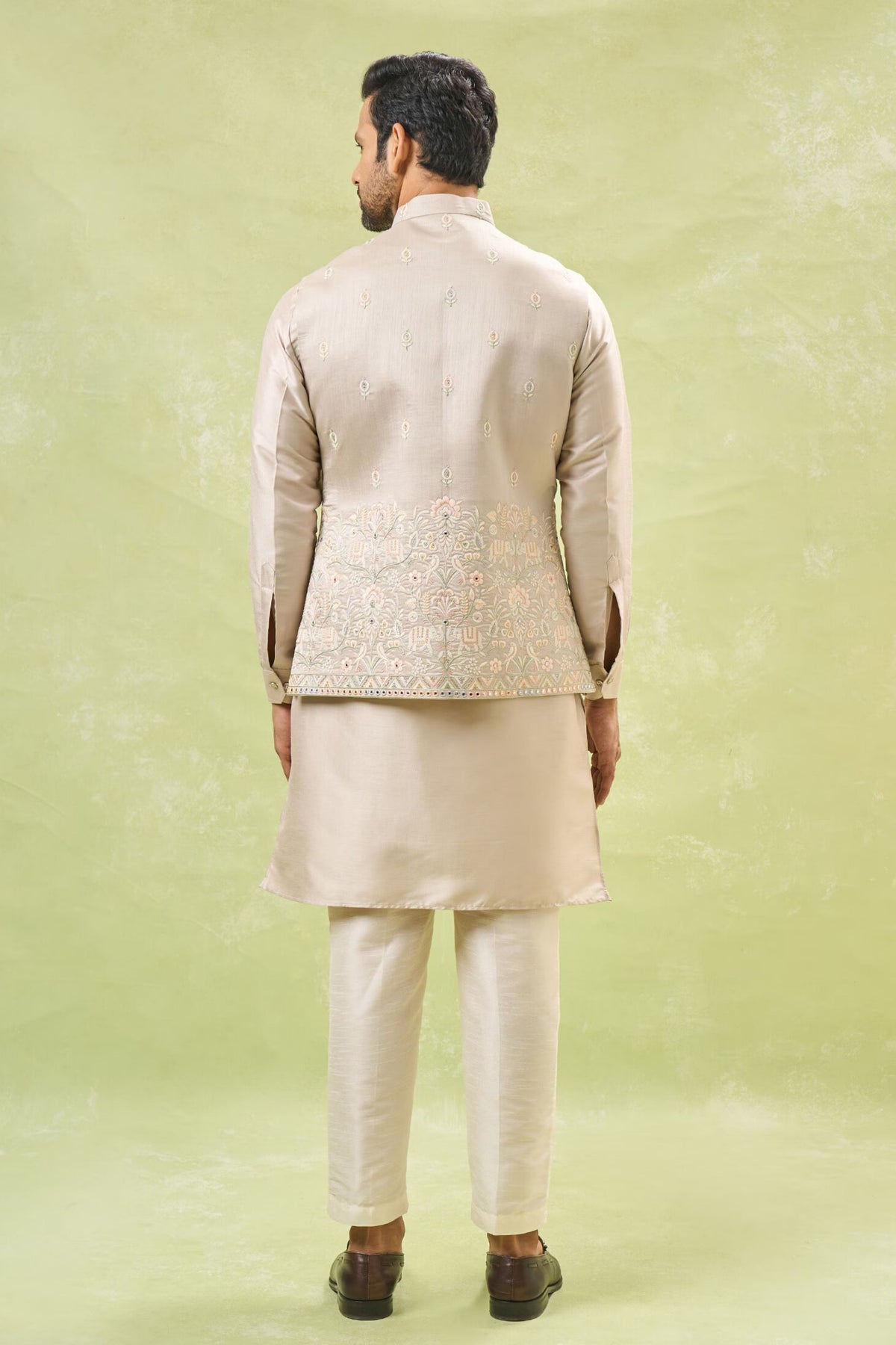 Beige Embroidered Nehru Jacket Set