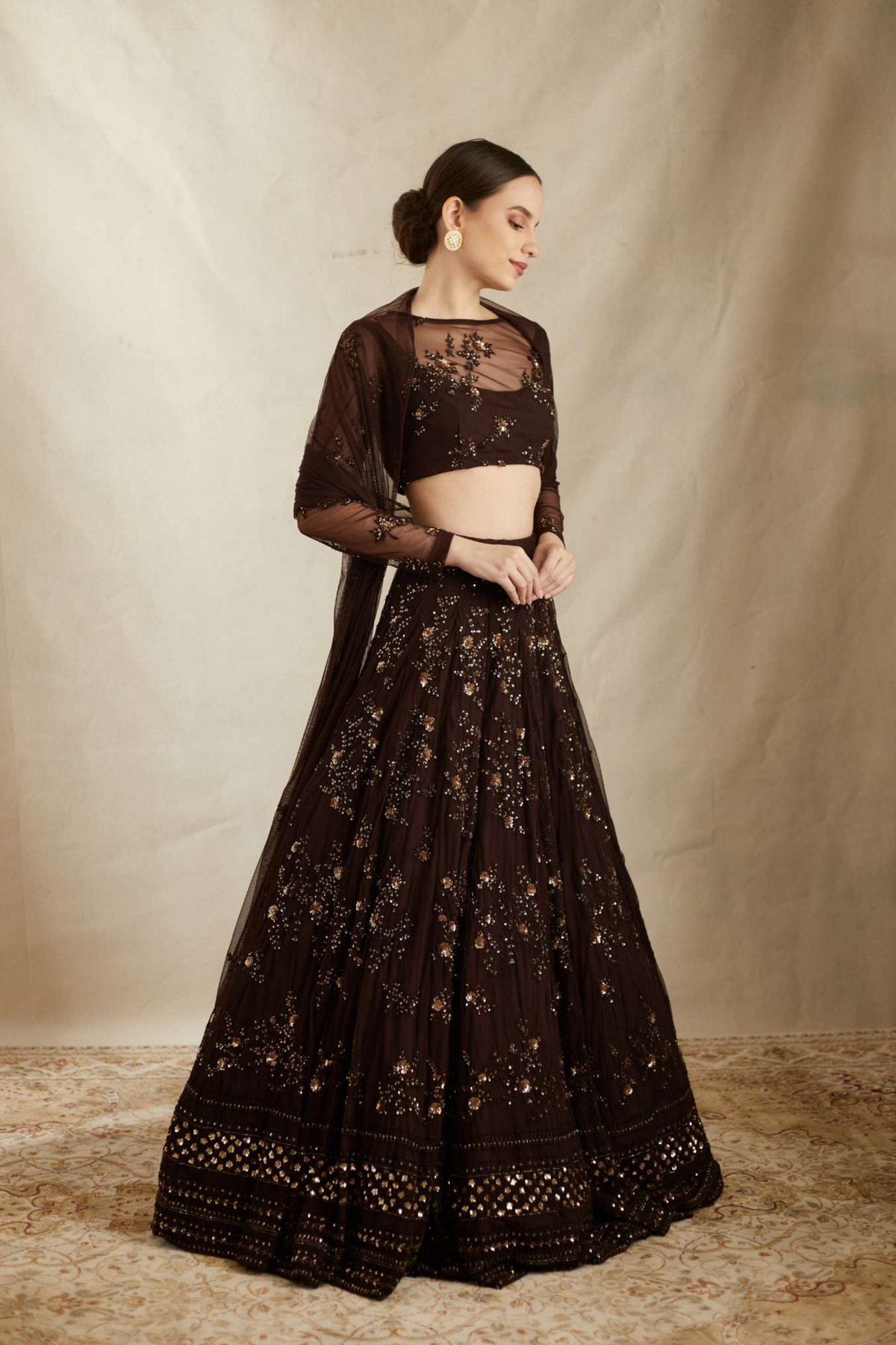 Dark Coffee Thread Work Lehenga Set