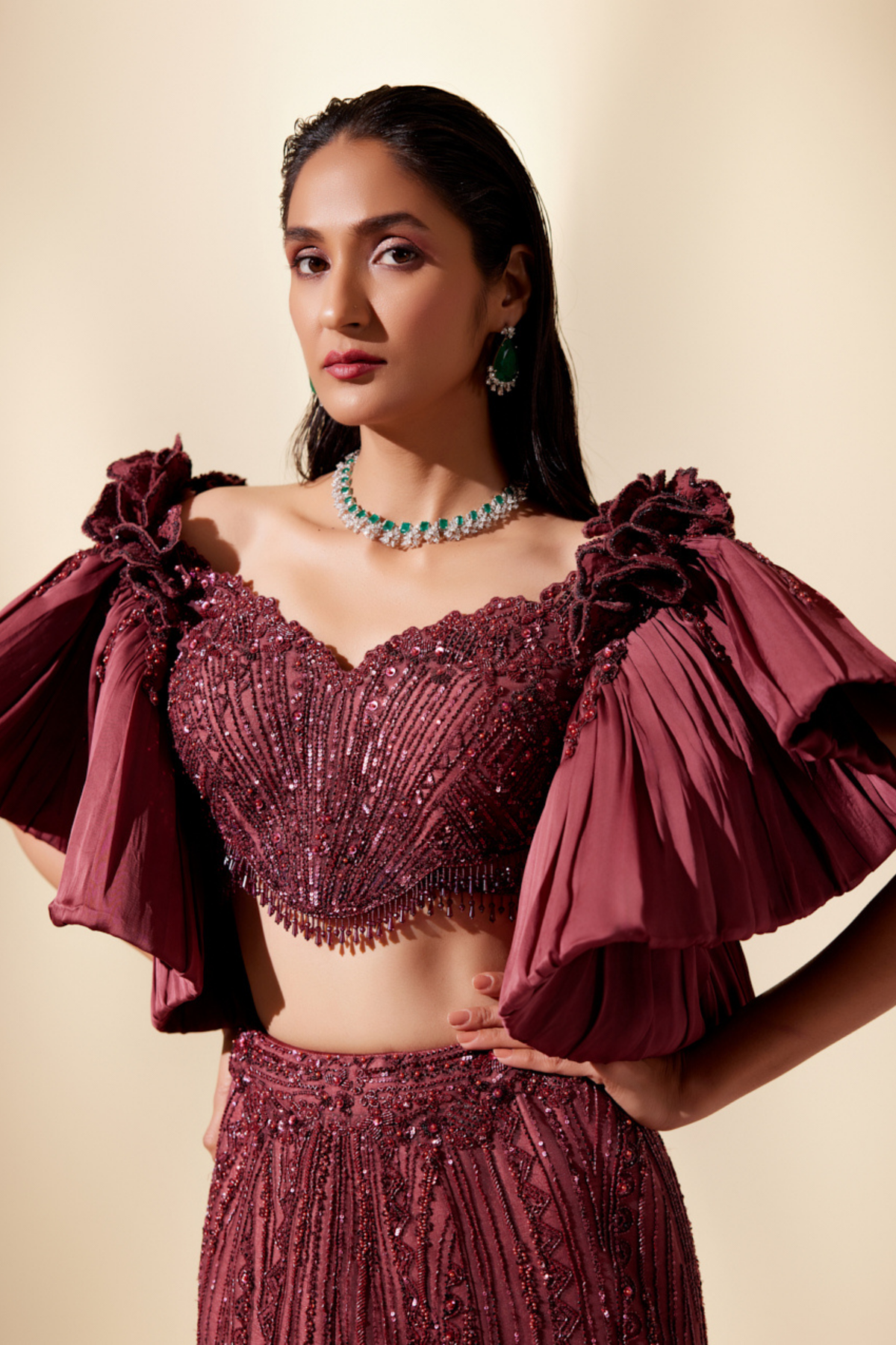 Wine Full Bloom Lehenga