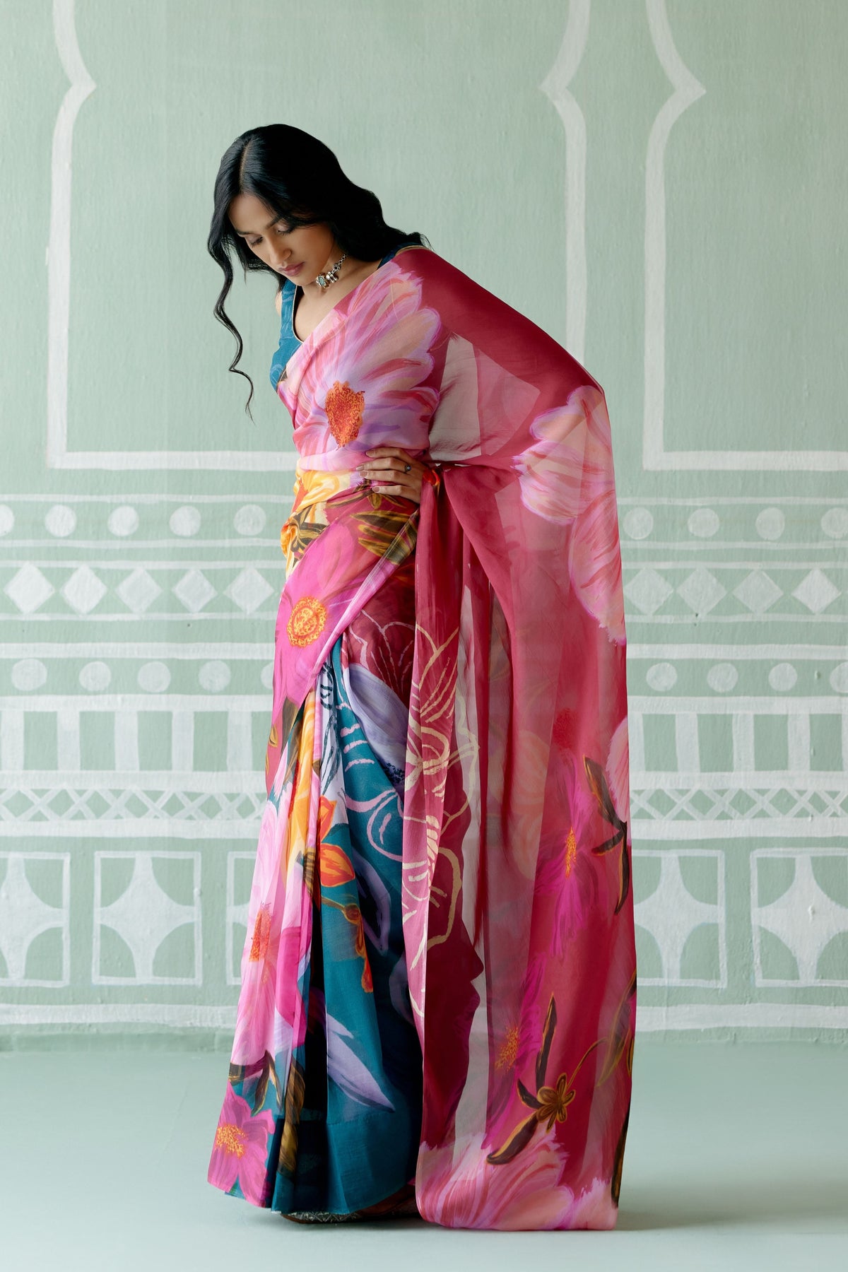 Teal &amp; Fuschia Floral Saree