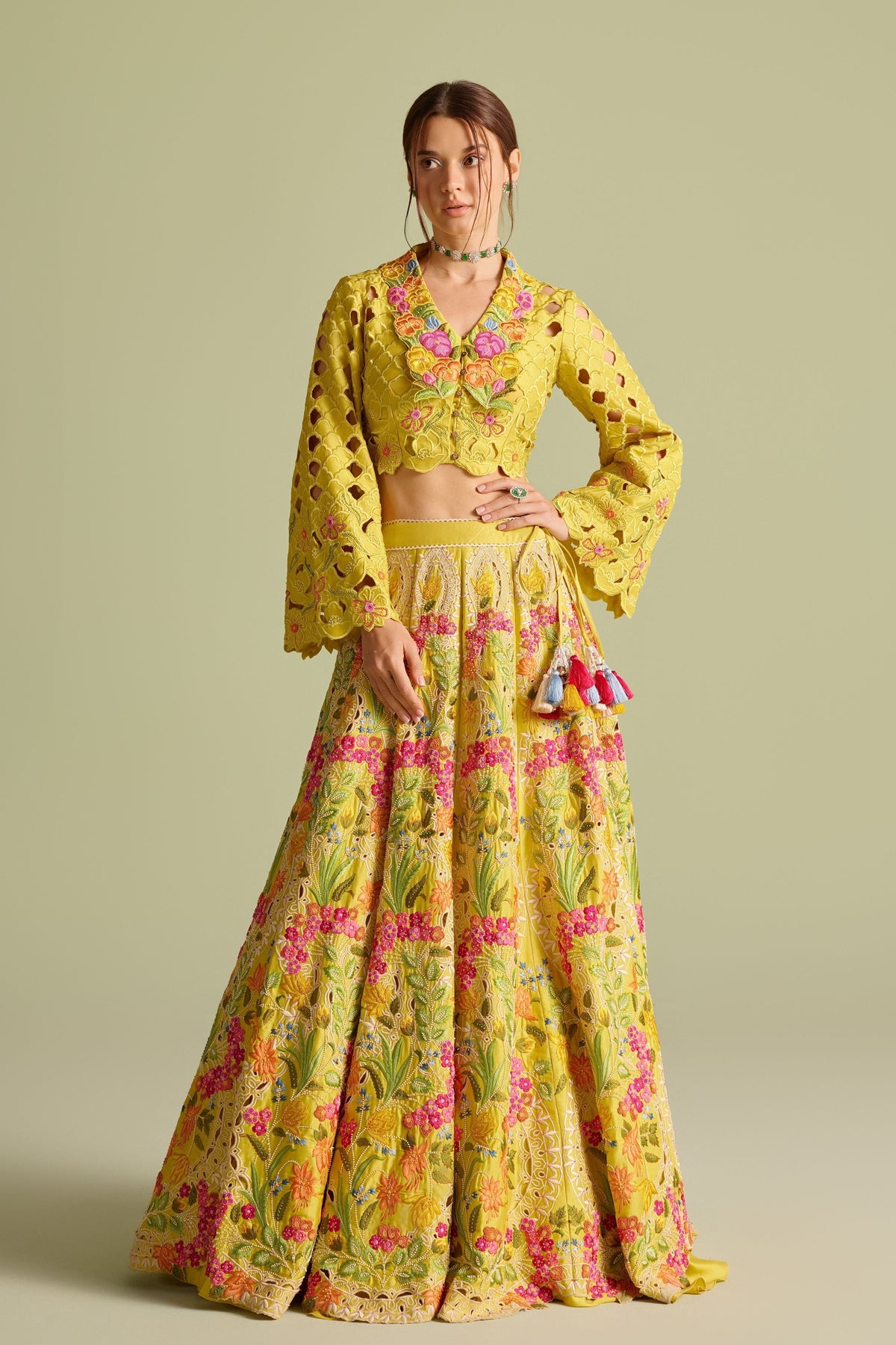 Yellow Multicolored Embroidered Lehenga