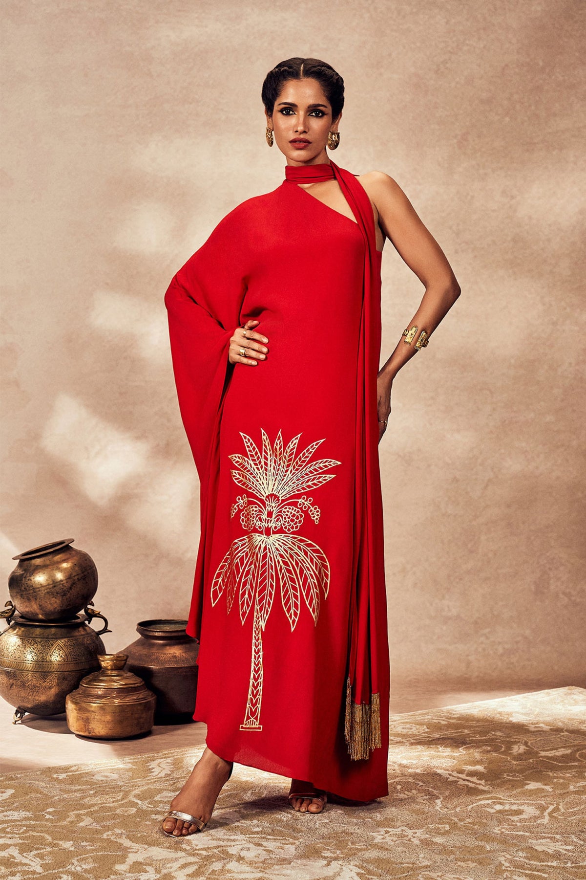 Red Tropical One Shoulder Kaftan