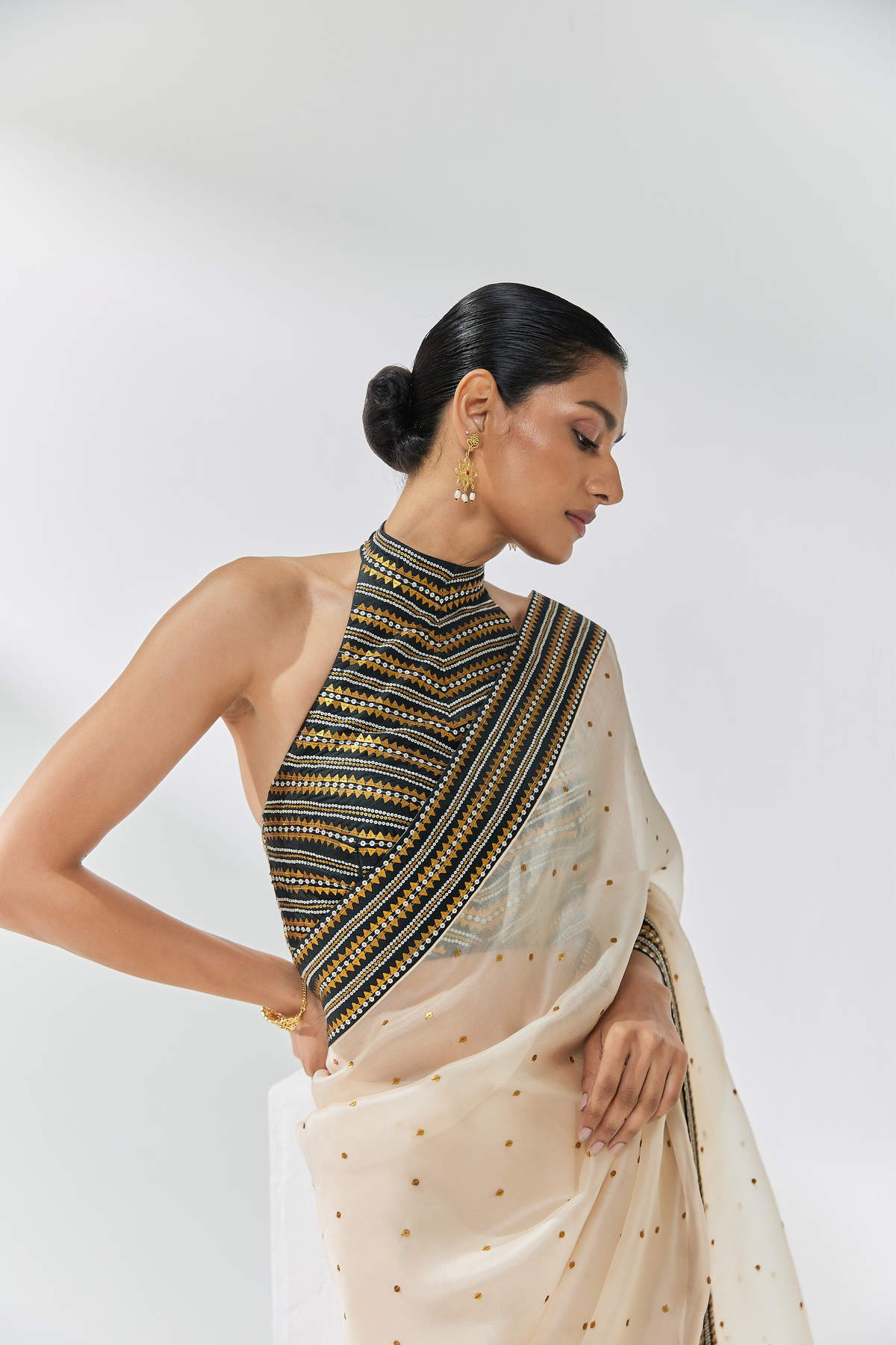 Beige And Black Embroidered Saree Set